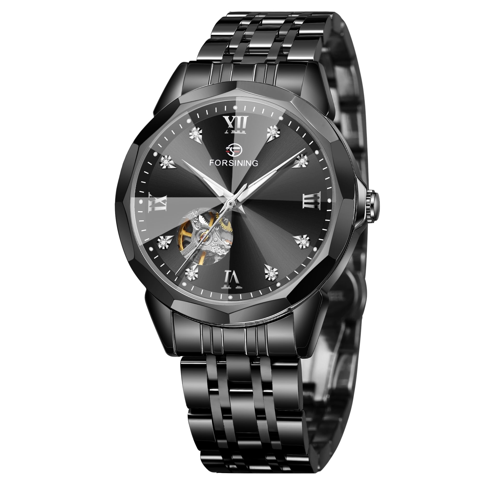 FORSINING Luxury Diamond Cut Design Case Automatic Mechanical Watch Fashion Diamond Studded Dial Skeleton Watch Tourbillon Casual Men Watch Date Day Ceremonial Dress Watch for Men