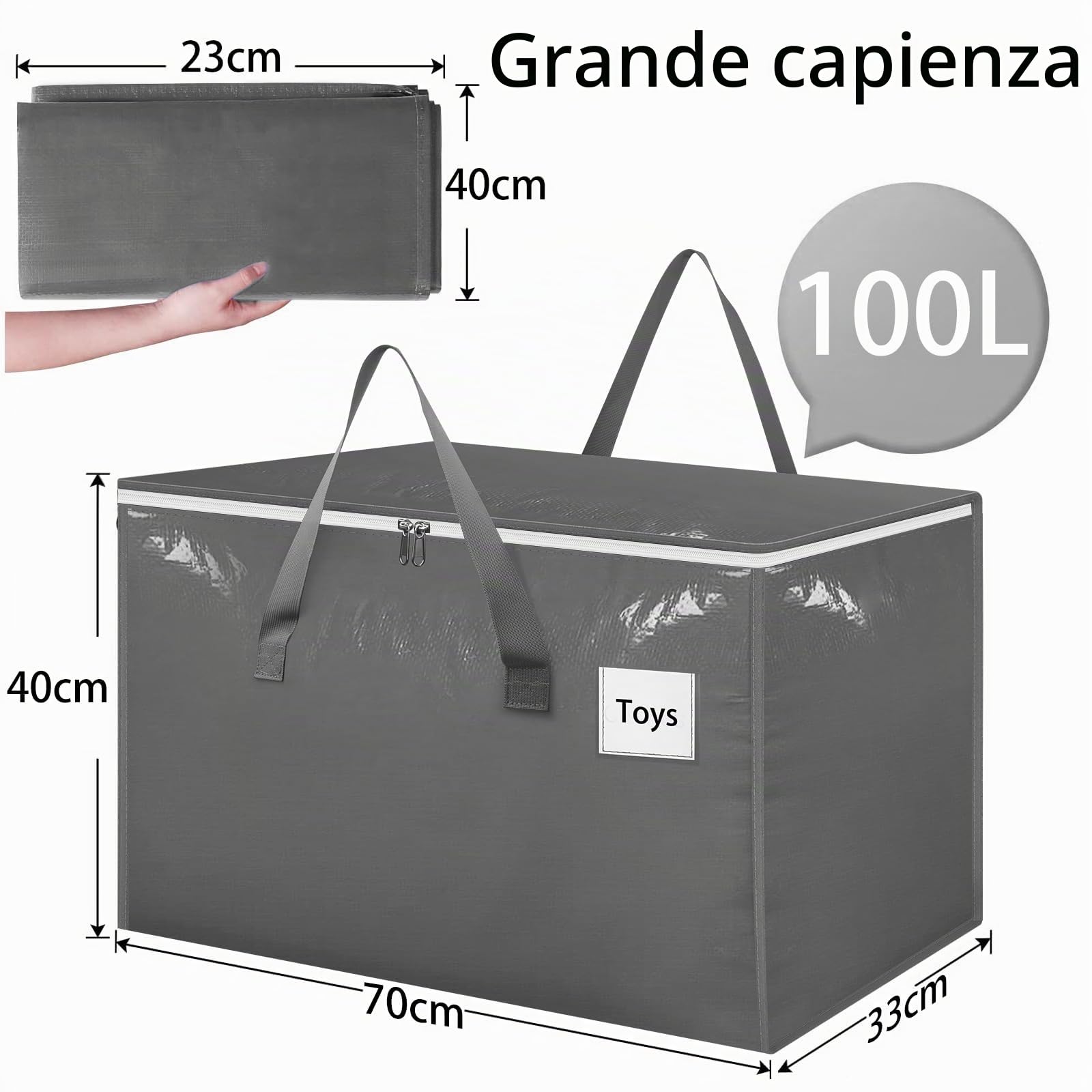 Withosent 100L Borsa Portaoggetti Grande, 10 Pezzi Impermeabile Borse di Stoccaggio Trasloco con Cerniera e Maniglia, Pieghevole Scatole Armadio Viaggio per Vestiti, Coperte, Trapunte, Grigio