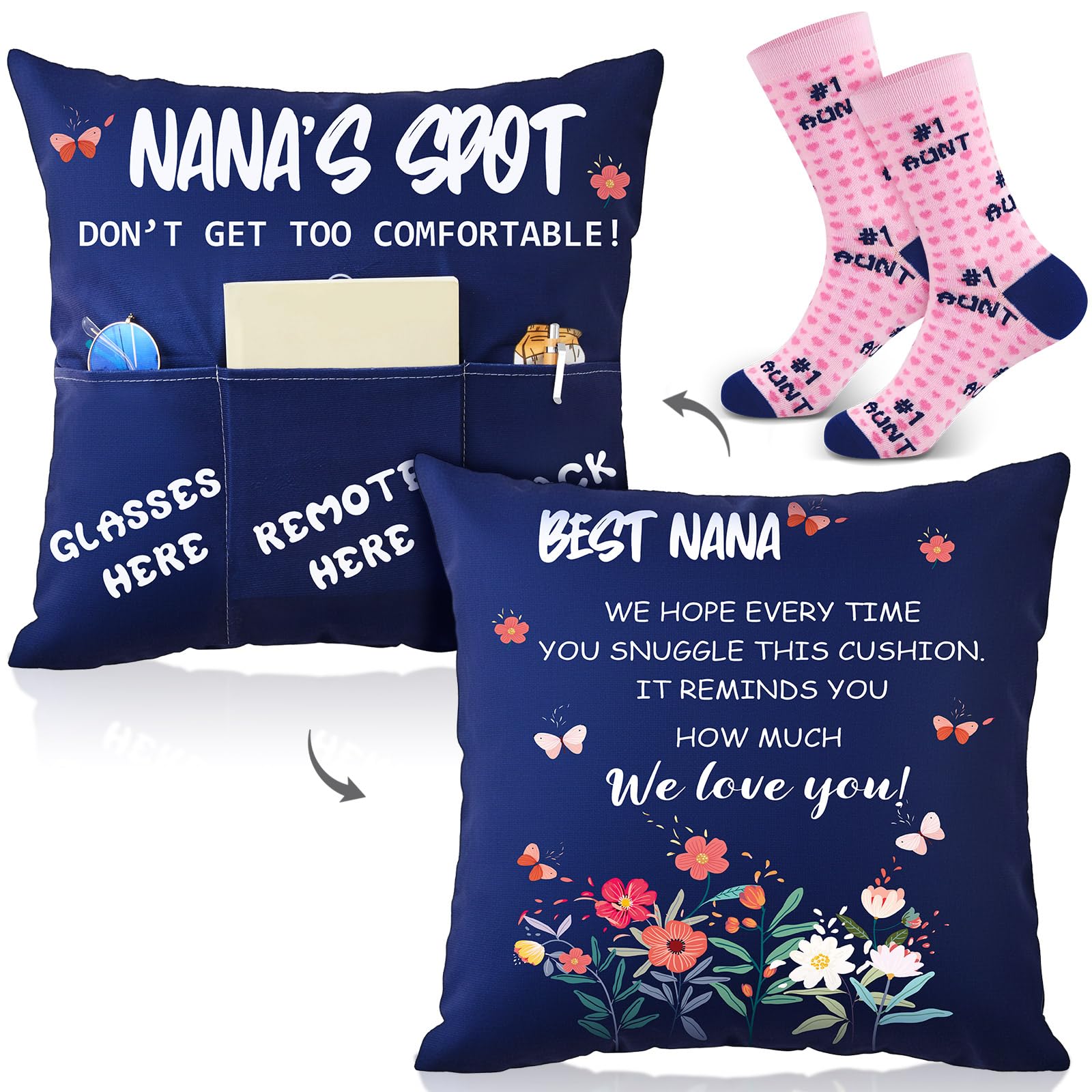 Neer Nana Birthday Gifts Set Include 45 x 45 cm Cushion Cover Double Sided 18 x 18 Inch Throw Pillow Cover with Pockets, Black Socks for Grandma, Women, Birthday Funny Gifts from Grandkids