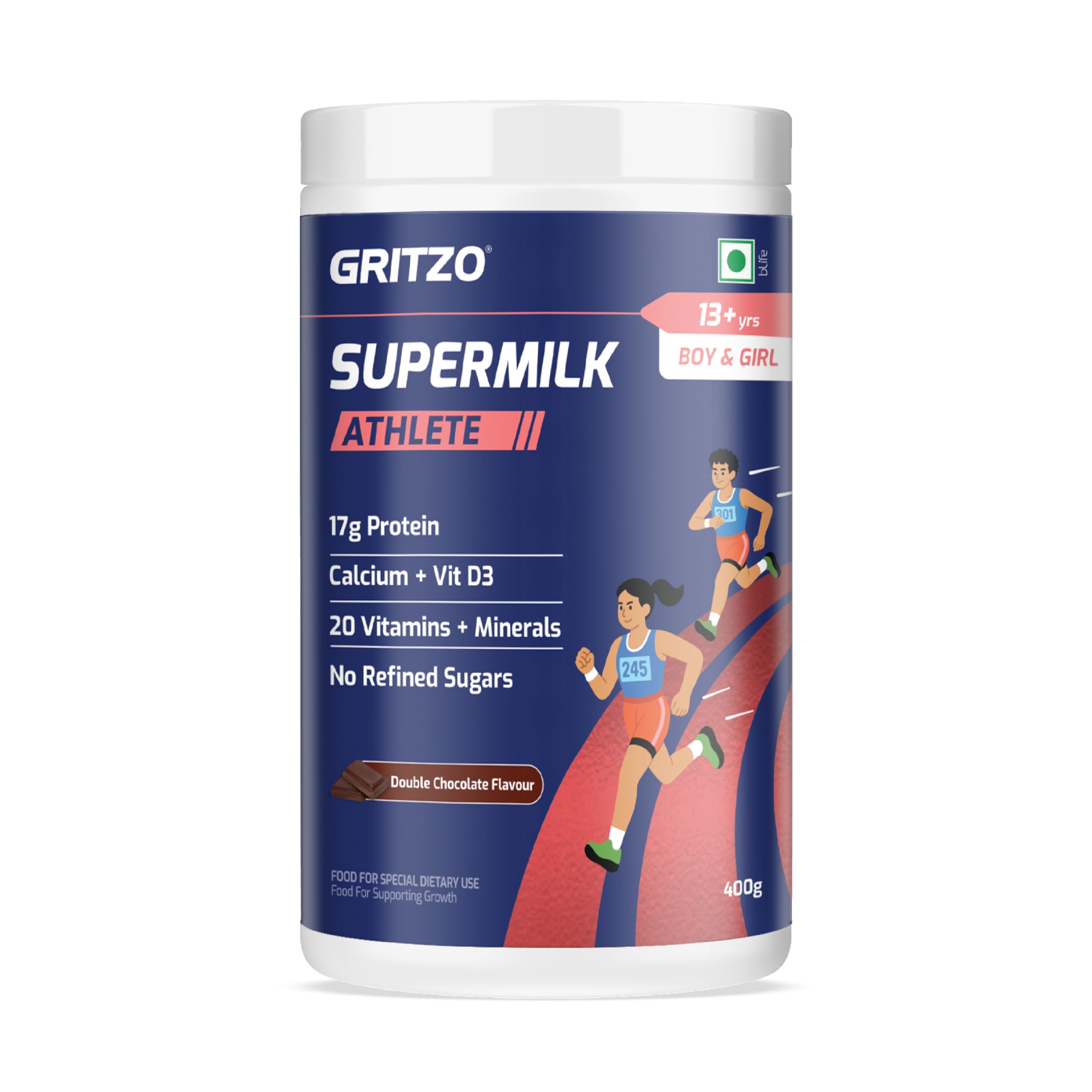 Gritzo SuperMilk Athlete (13+y Boy & Girl), 17g Protein Powder (Double Chocolate, 400g) | Zero Refined Sugar, 20 Vitamins & Minerals-image-47