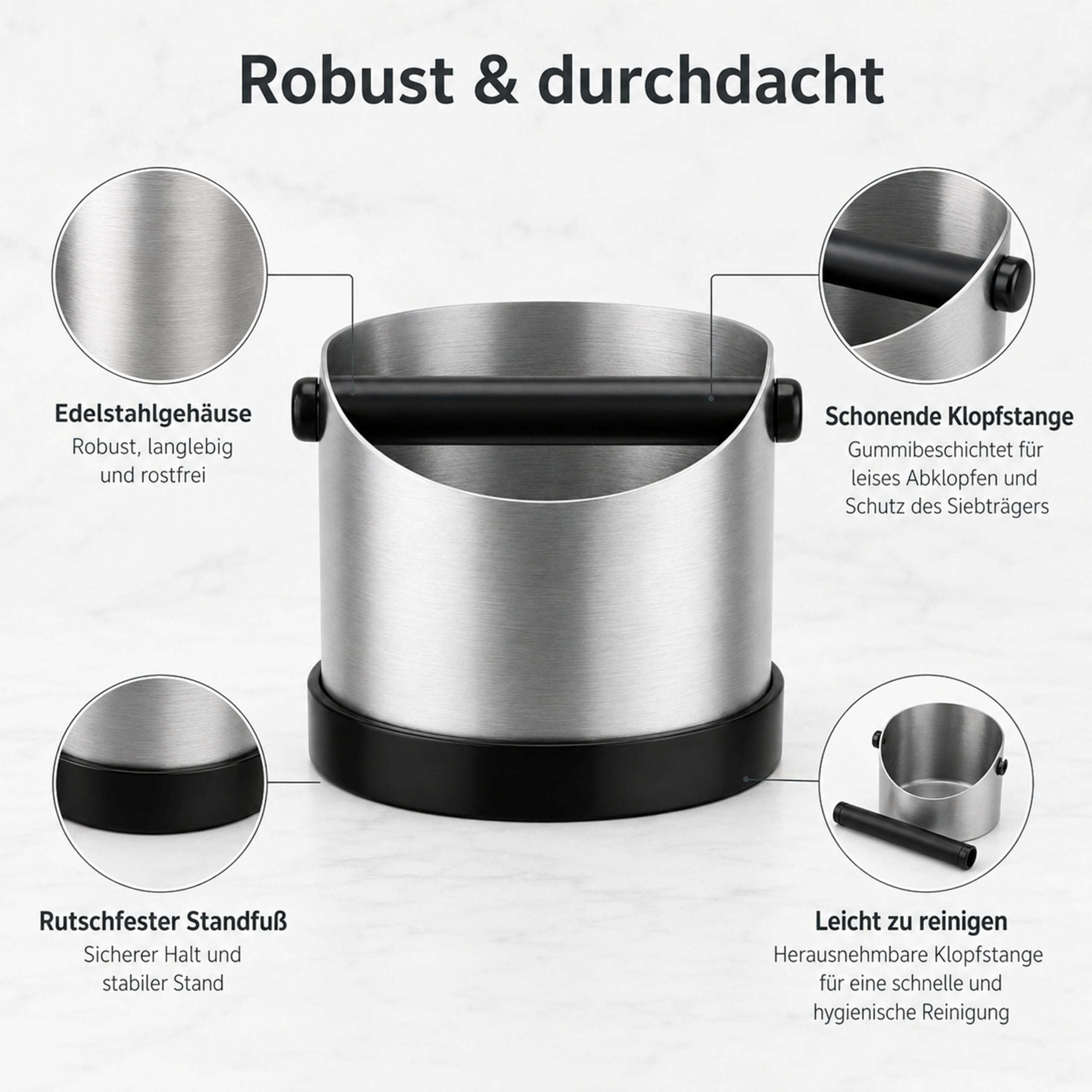 URMONA Knock Box per Espresso, Contenitore Fondo Caffè 1,3L in Acciaio Inox, Abklopfbehälter con Barra Rimovibile e Base Antiscivolo, Accessorio per Macchina Caffè Delonghi Sage Ninja (Argento)