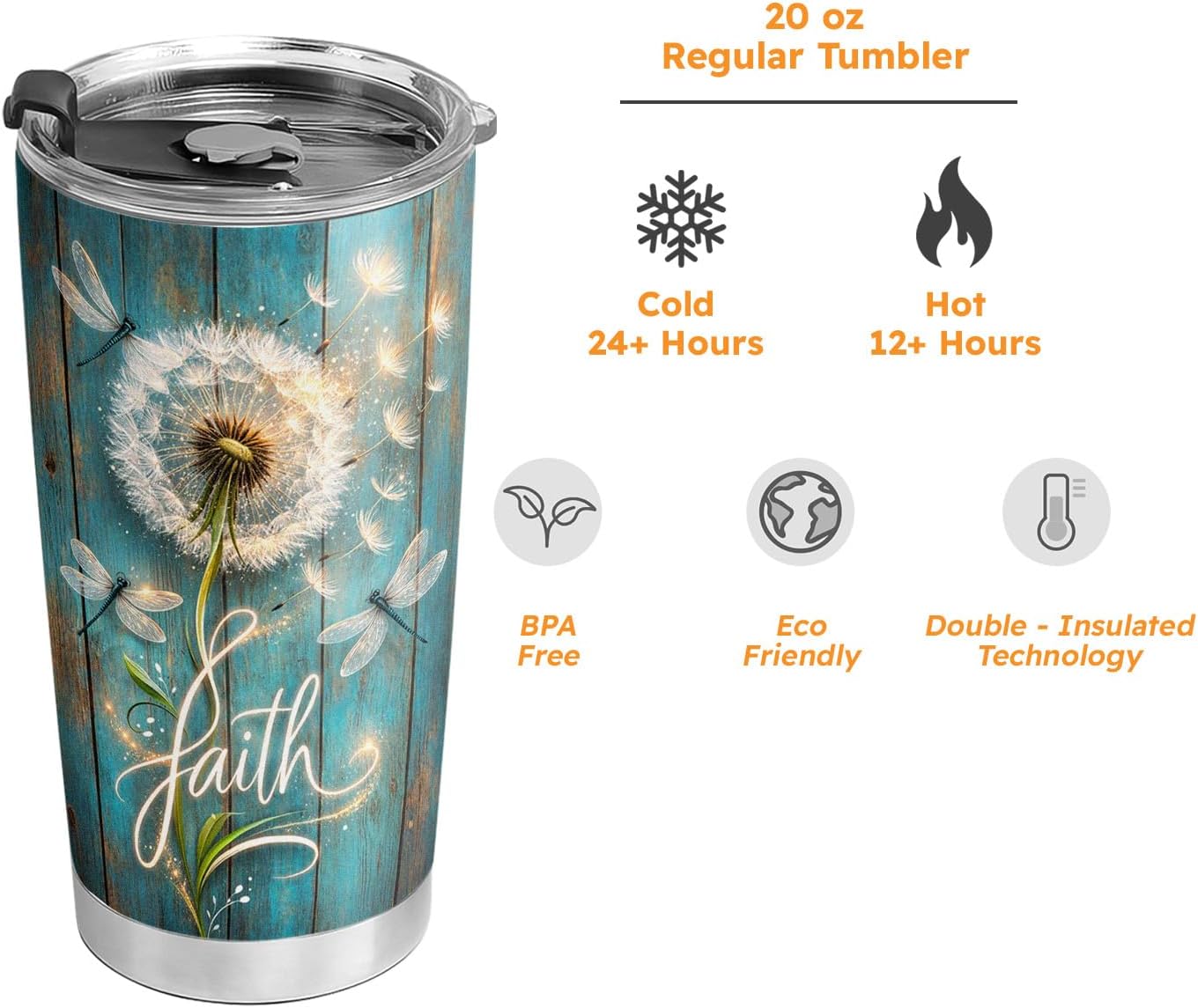 20oz Dandelion Dragonfly Faith Tumbler, Way Maker Miracle Worker Promise Keeper, Religious, Christian Gifts for Women, Stainless Steel Double Wall Vacuum Insulated Coffee Mug, Travel Cup with Lid