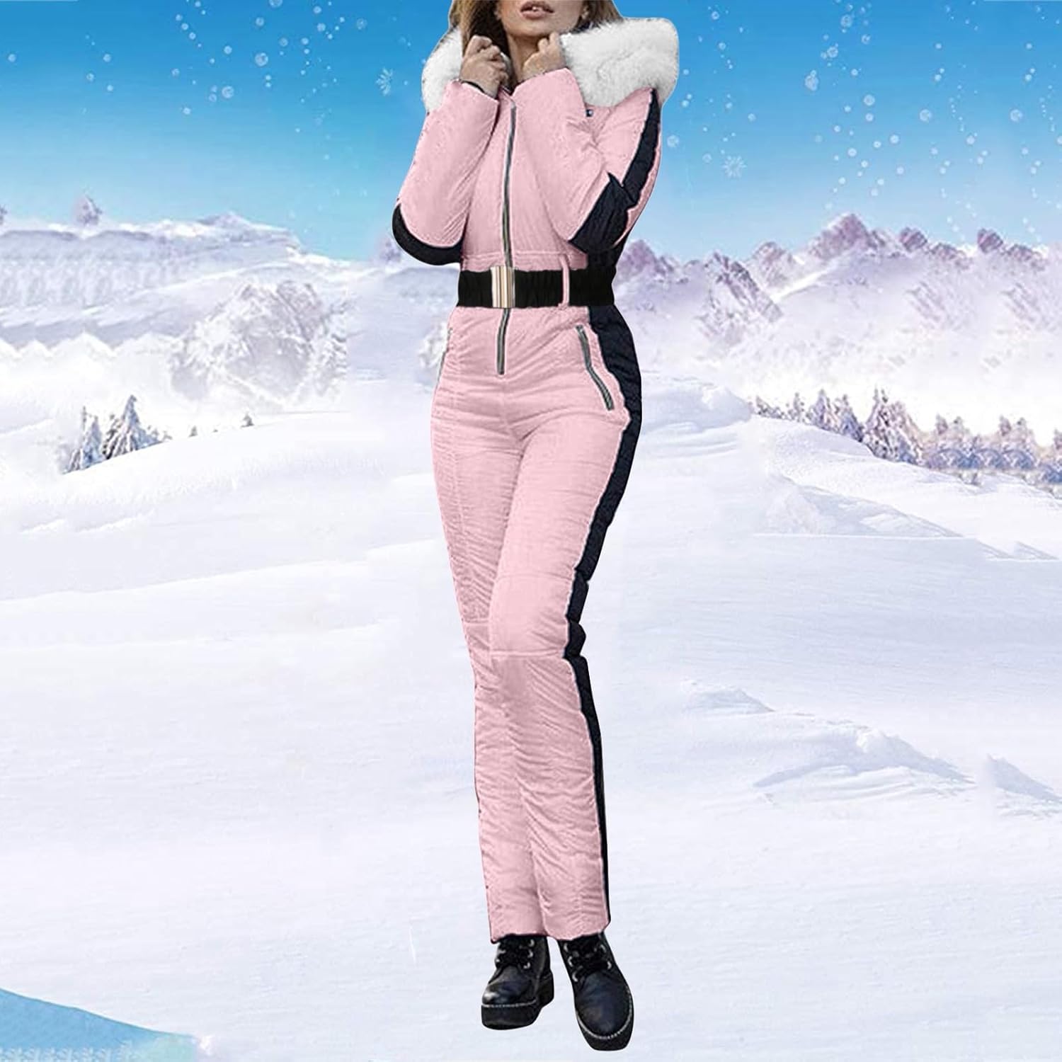 Ski suit women's one piece winter warm ski overall zip with hood