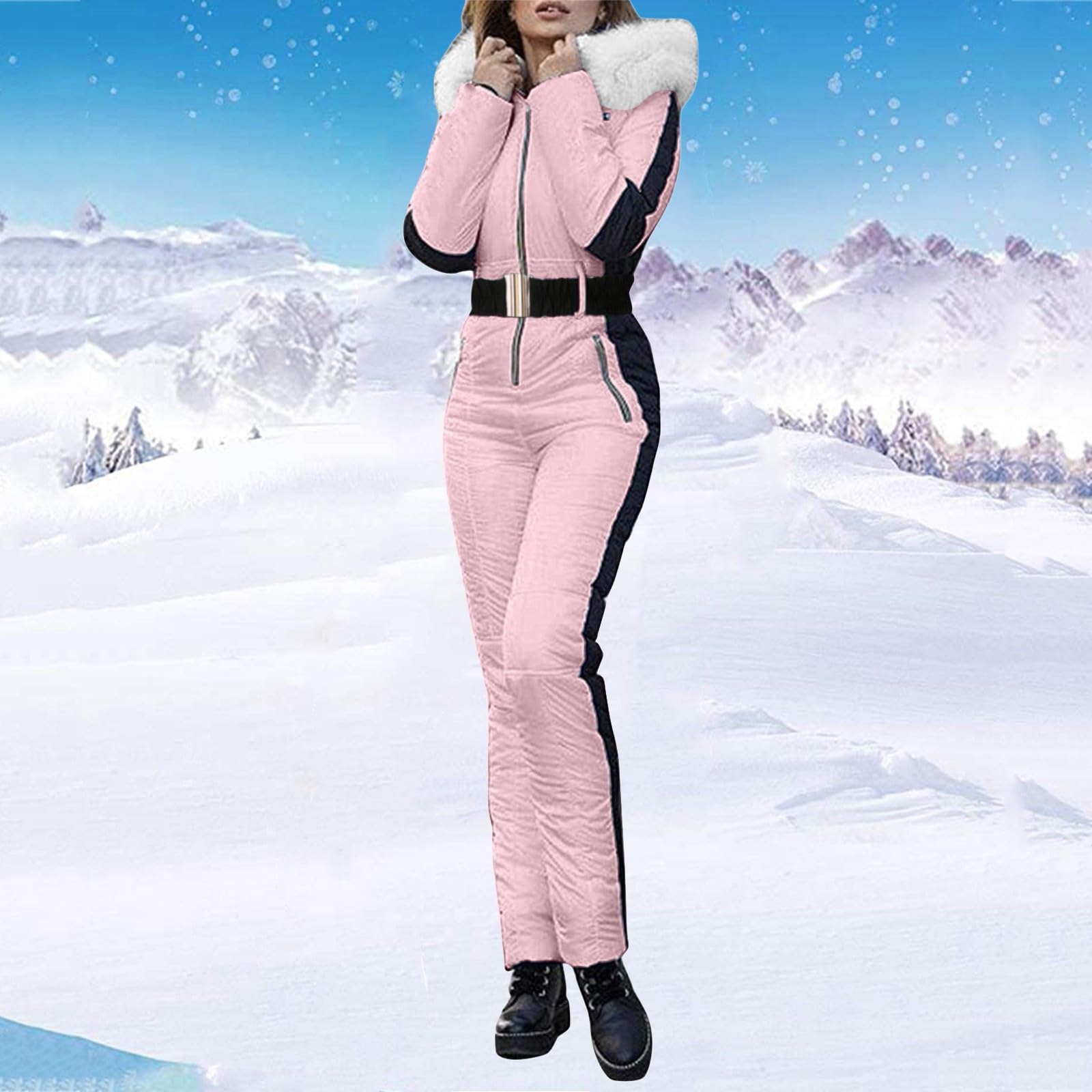 Skianzug Einteiliger, Skioverall Winter, Warme Schnee Skifahren, Damen Schneeanzug, Warme wasserdicht Schneejacke, Sätze Outdoor Jumpsuit, Langer Overall mit Kapuze, Reißverschluss Skianzüge