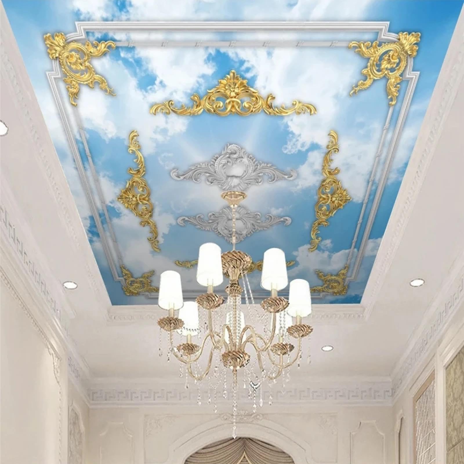 Papier peint autocollant 3D ciel bleu pour masquer un plafond abîmé de salon