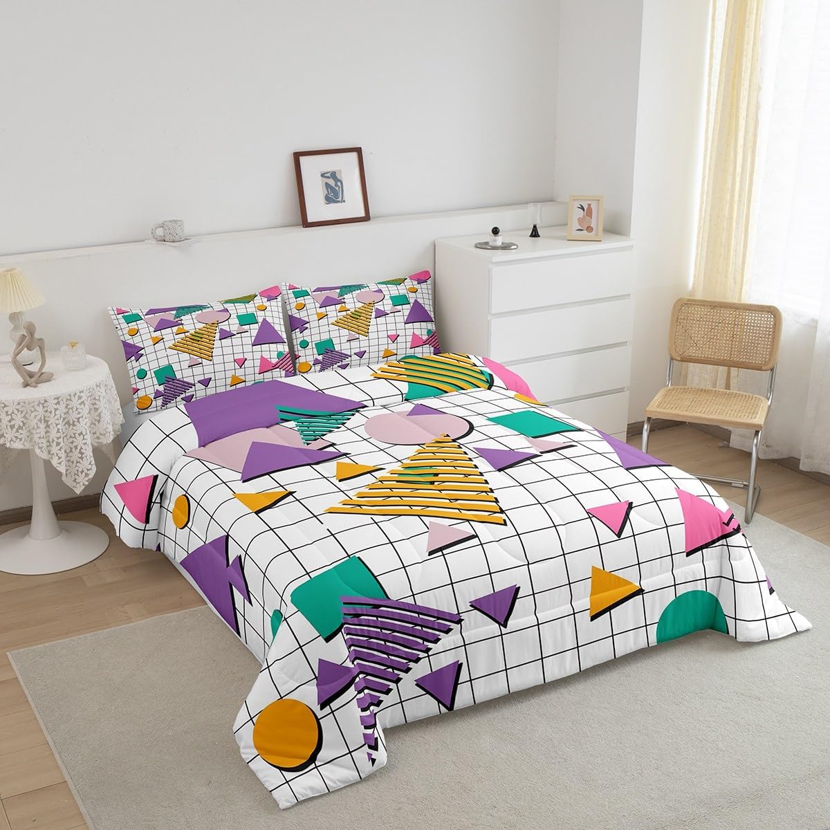 jejeloiu 80s 90s Memphis Comforter Set Queen Size Memphis Geometric Comforter for Kids Teens Adults Grid Retro Fashion Bedding Set Purple Abstract Duvet Set with 2 Pillow Case Boys