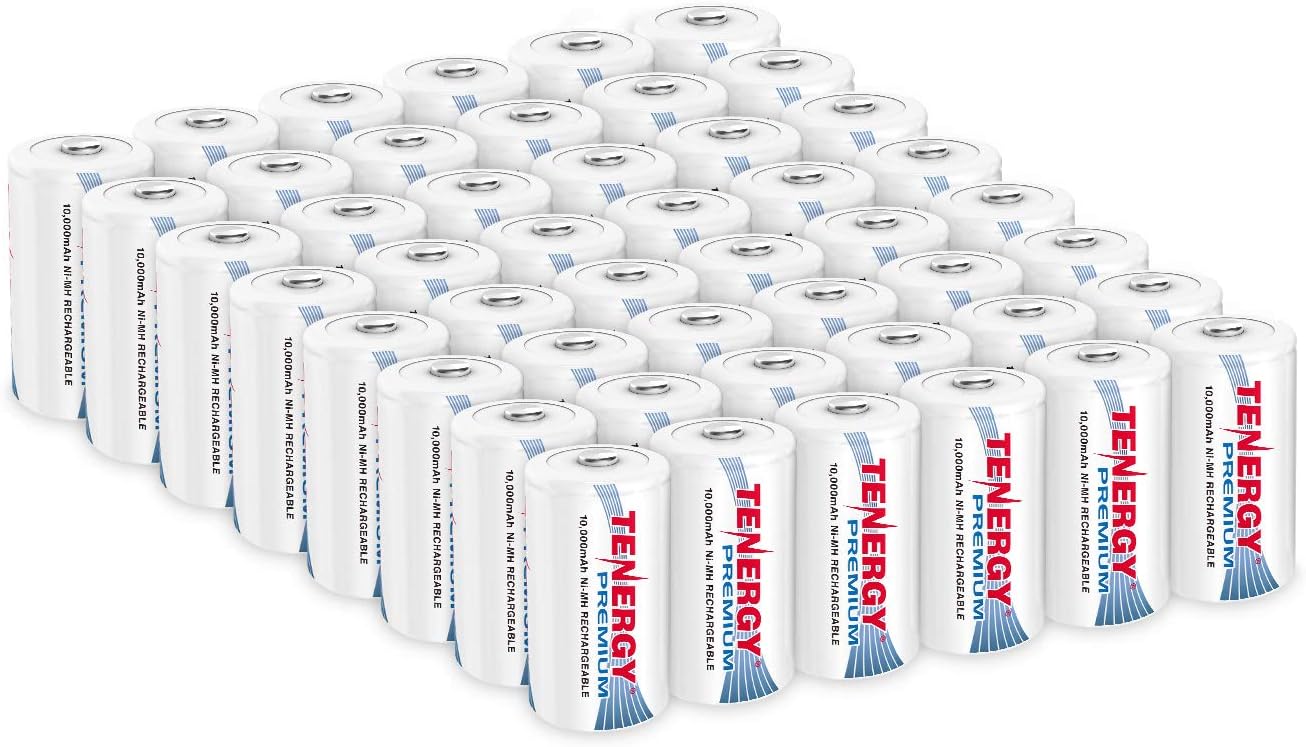 Tenergy Premium D Size 10,000mAh High Capacity High Rate NiMH Rechargeable Battery - UL Certified, 48 Pack