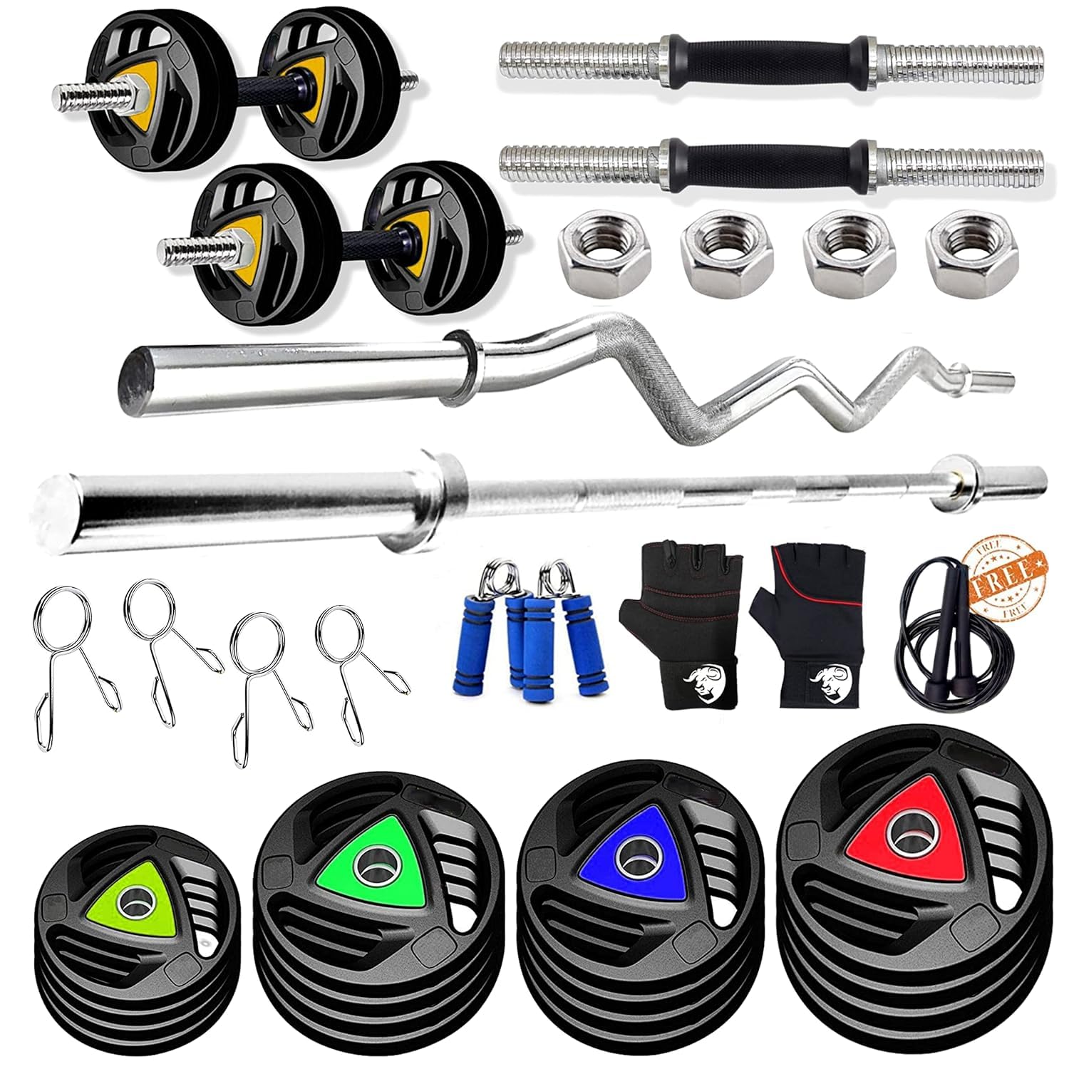 BULLAR Professional Adjustable Rubber Coated 10kg to 100kg Home Gym Set with 5 ft Straight, 3 ft EZ Curl Rod, Metal Rubber Weight Plates (28mm Hole) (40KG HOME GYM SET)