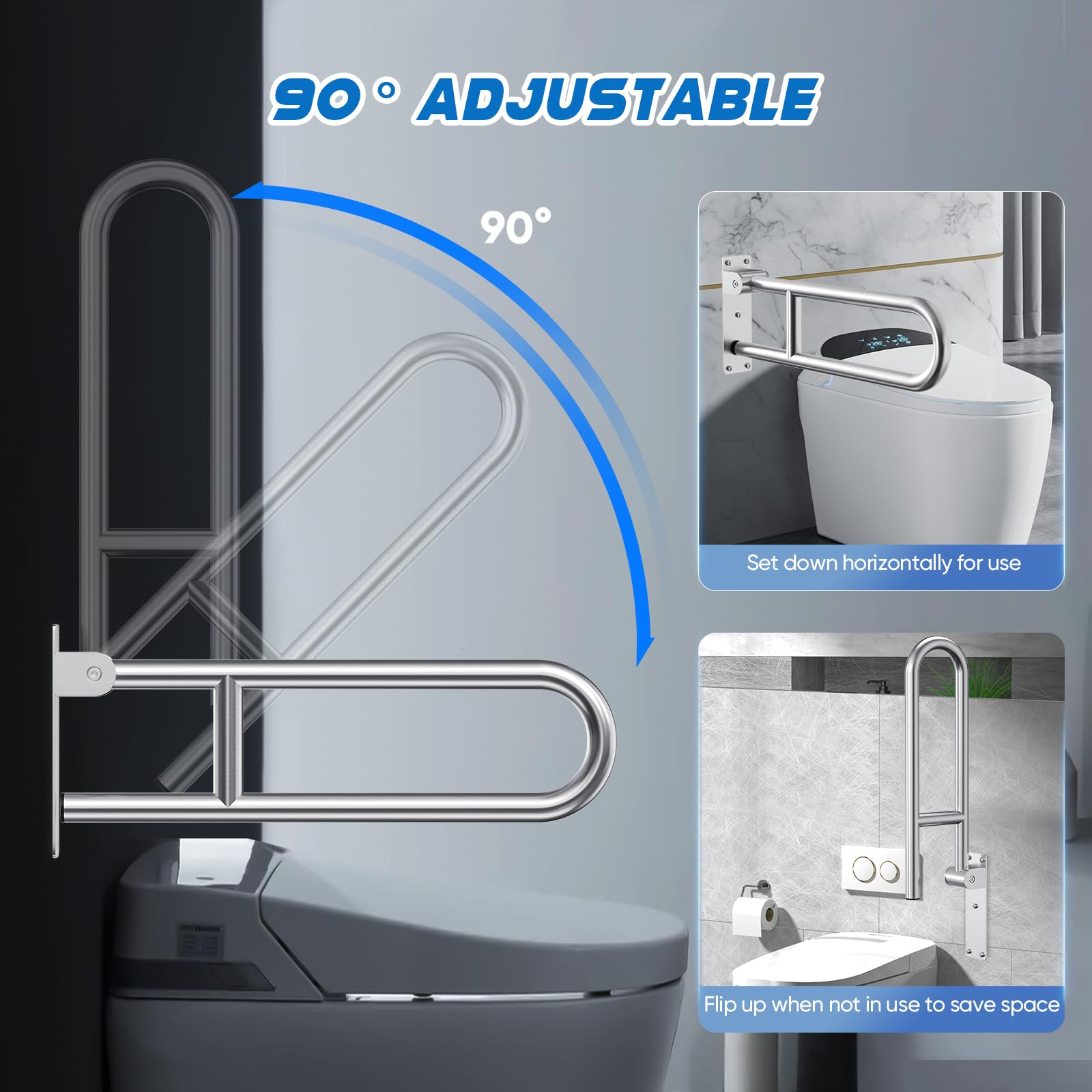 60cm Maniglione Bagno Disabili, Maniglioni Bagno per Anziani, Acciaio inossidabile 304, Capacità di Carico 150 kg, Maniglione Ribaltabile Bagno per Anziani, Incinta, Disabili