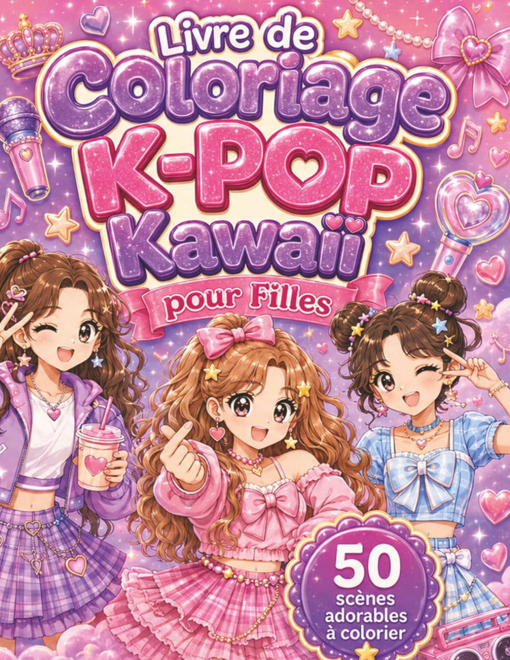 Livre de Coloriage K-POP Kawaii pour Filles: 50 illustrations mignonnes de concerts, selfies, tenues tendance, accessoires cute et scènes entre amies