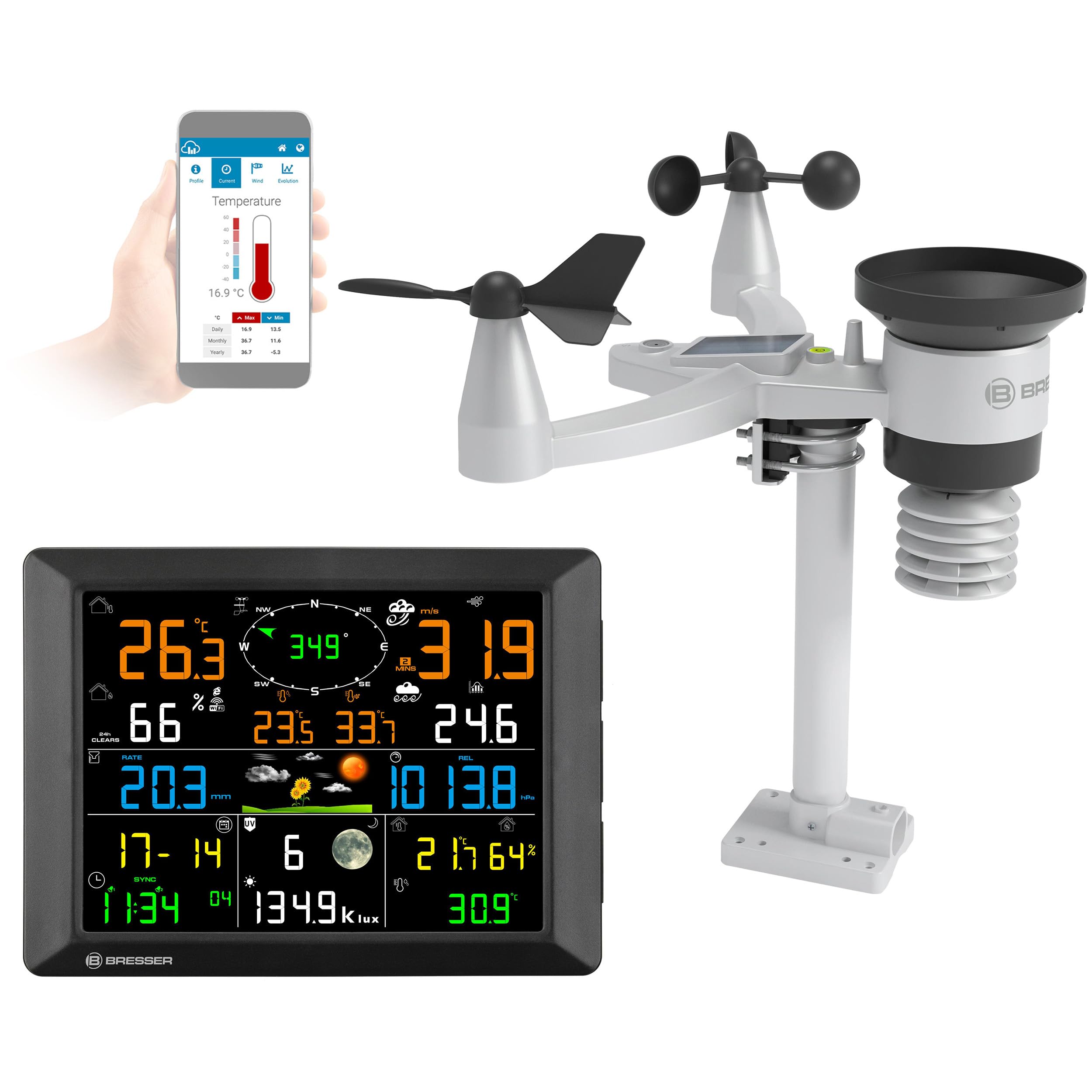 Bresser Stazione meteo, portata 1,5 km, Wi-Fi, sensore esterno 7 in 1, solare, UV, vento, pioggia, Wi-Fi upload, allarme, clima interno/esterno