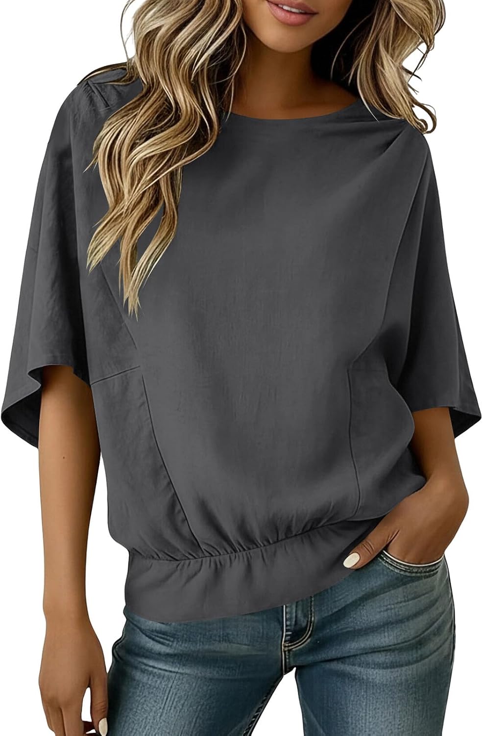 Women's Linen Shirts 3/4 Sleeve Boat Neck Pleated Tops Elastic Hem Gauze Casual Loose Fit Dressy Blouse Outfits