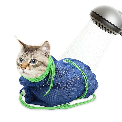 Catcan Breathable Mesh Shower Bag - Anti Scratch Adjustable Grooming for Nail Trimming, Bathing - Polyester Soft Cat Washing (Blue-Green) - Blue-Green