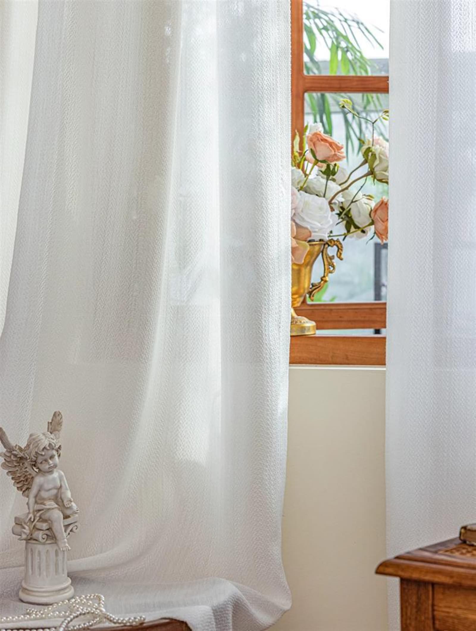 Voilage interieur blanc anti vis-à-vis rideau fenêtre semi transparent 107x183cm