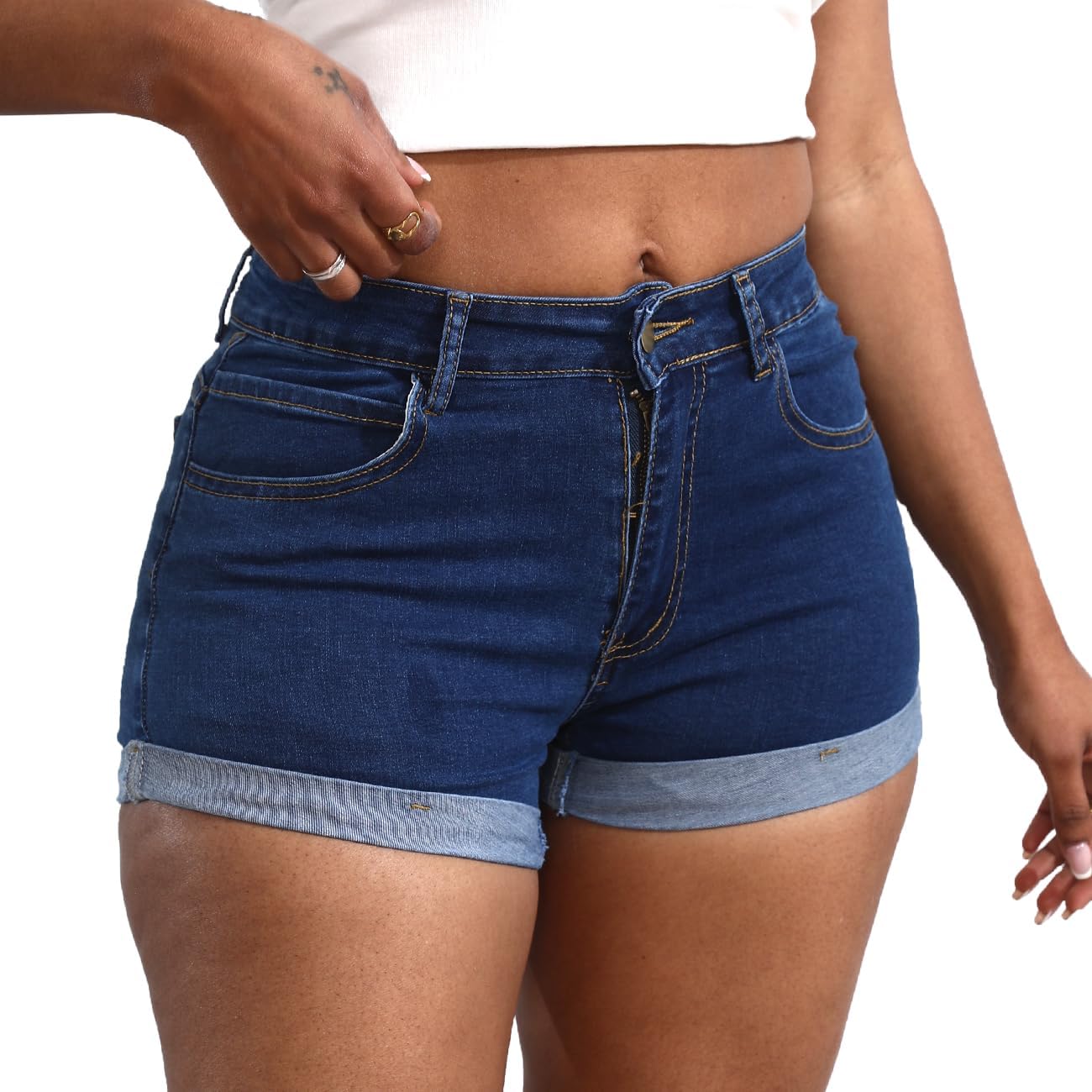 Women's Casual Stretchy Denim Shorts High Waisted Folded Hem Jeans Shorts - Image 3