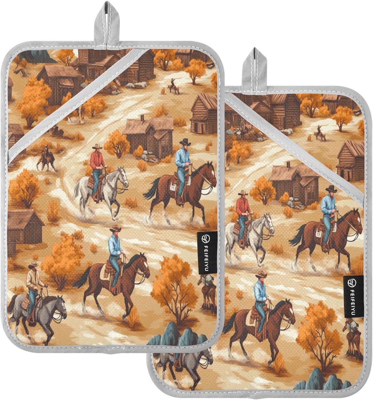 Western Cowboy House Horse Pot Holders Set of 2 for Kitchen Heat Resistant Potholders Soft Oven Hot Pads with Pockets for Countertop Home Cooking Baking 7"x9.8"