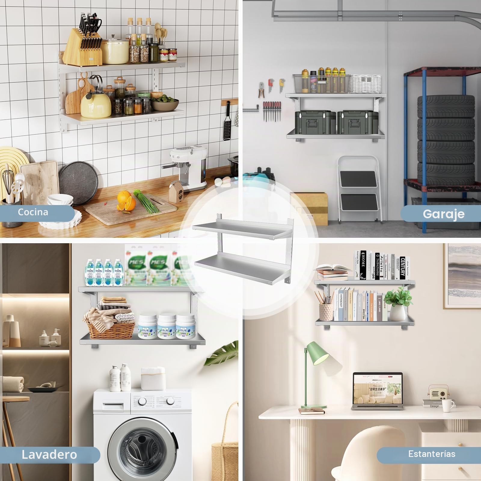 TAIMIKO Estante de Pared para Almacenamiento de Cocina, 2 bandejas, Elementos para Montaje en Pared, diseño Moderno, Acero Inoxidable, (Restaurante, Bar, casa, Cocina, lavadero, Garaje y lavandería)