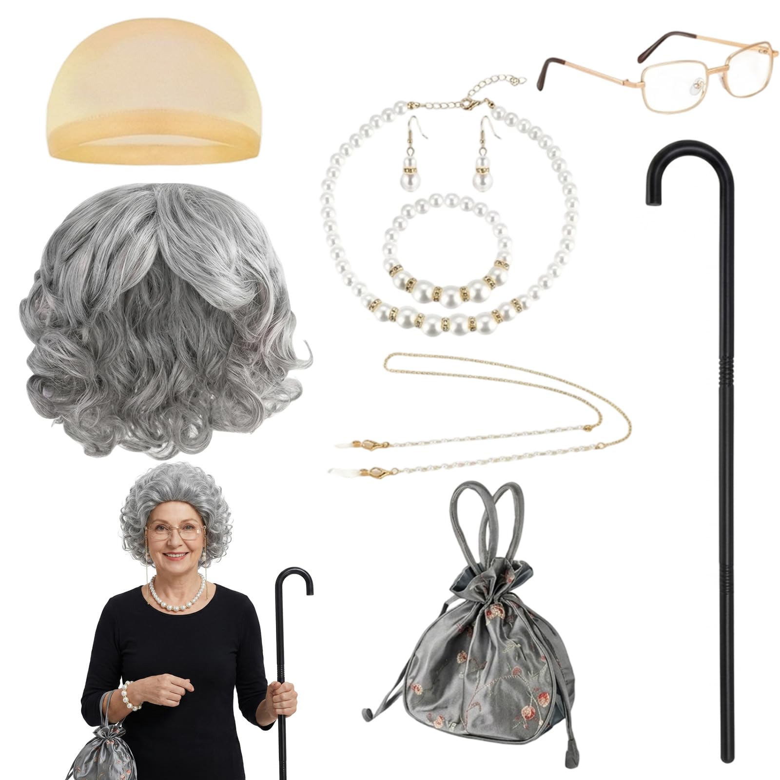 Hsuxugy 9-Pair Old Lady Fancy Dress Set for Women, Granny Costume Outfit Kit with Wig, Pearl Jewellery, Glasses and Walking Cane Props for Adult Christmas Halloween World Book Day Cosplay