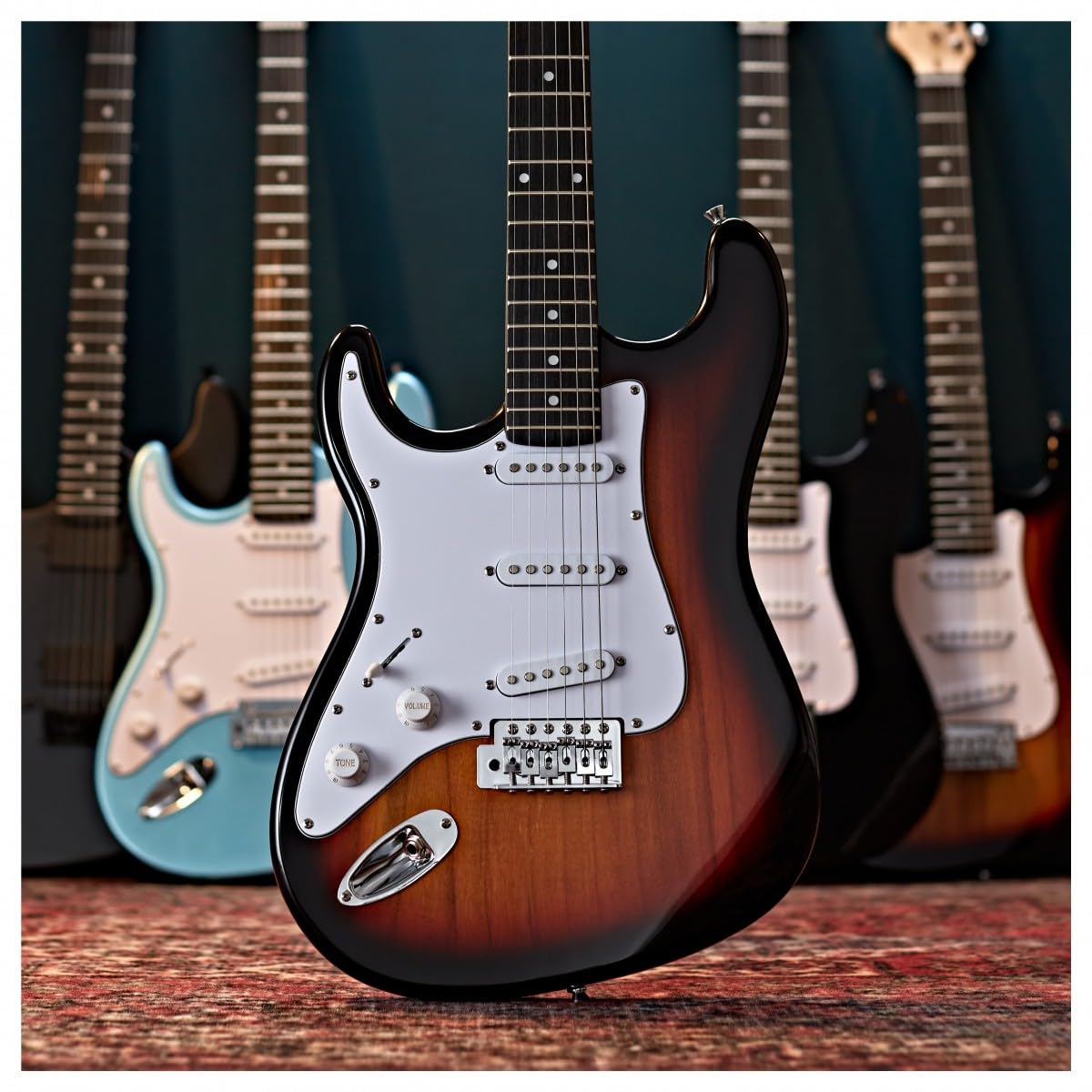 Chitarra Elettrica LA per Mancini + Pacchetto con Amplificatore Sunburst | Corpo Leggero e Comodo per Mancini Principianti, Ampli Portatile con EQ 2 Bande, Corde e Accordatore Inclusi