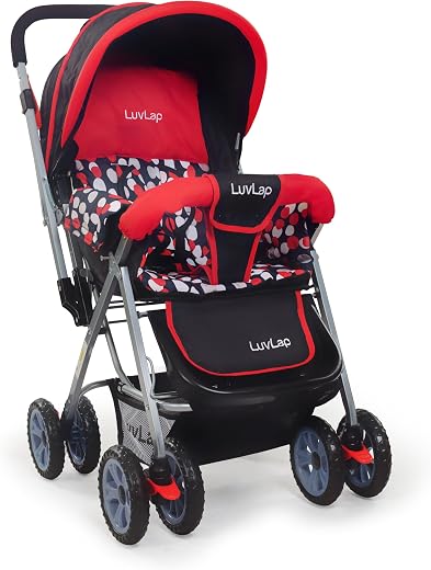 LuvLap Sunshine Baby Stroller/Pram for 0 to 3 Years, New Born/Toddler/Kid, 5 Point Safety Harness, Adjustable backrest, 360° Swivel Wheel, Large Storage Basket, Reversible Handlebar (Red)