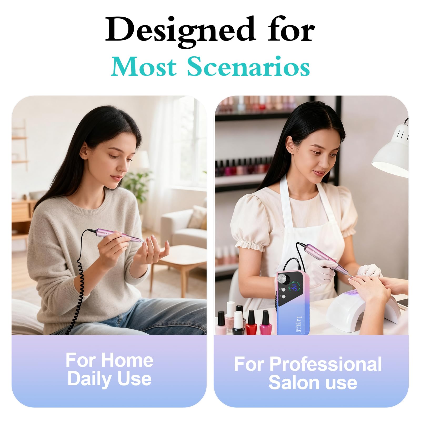 Electric Nail Drill File Professional 45000 RPM, LUELLE Electric Nail File Machine Kit for Acrylic Gel Nails Polishing Removing, Portable Rechargeable Cordless E File with Gold Bits Kit for Salon Home