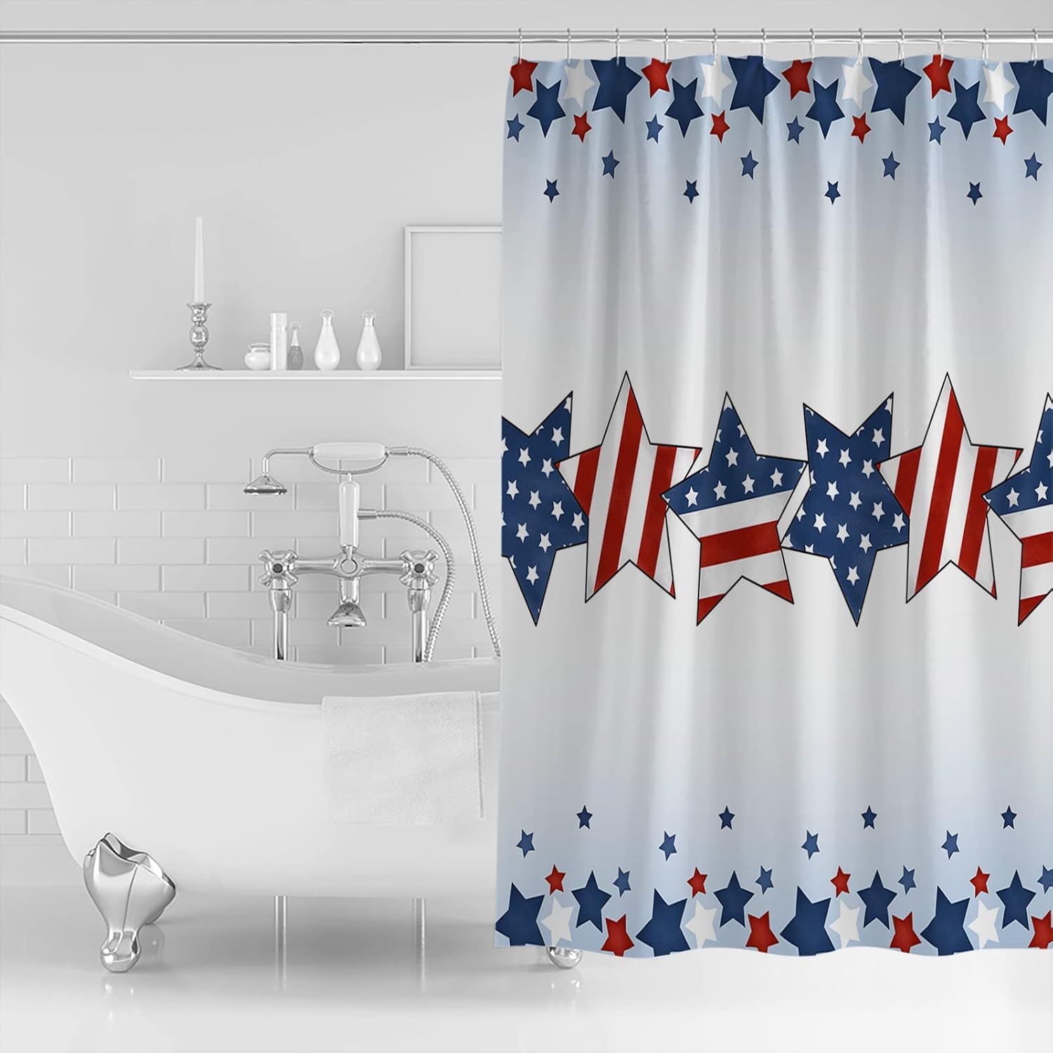 Double Love Independence Day Bathroom Curtain 96 Inch Shower Curtain with 12 Hooks, Waterproof Polyester Bath Curtain Washable Bathtub Curtain Patriotic Memorial Stripes Stars Red Blue 72''x 96''