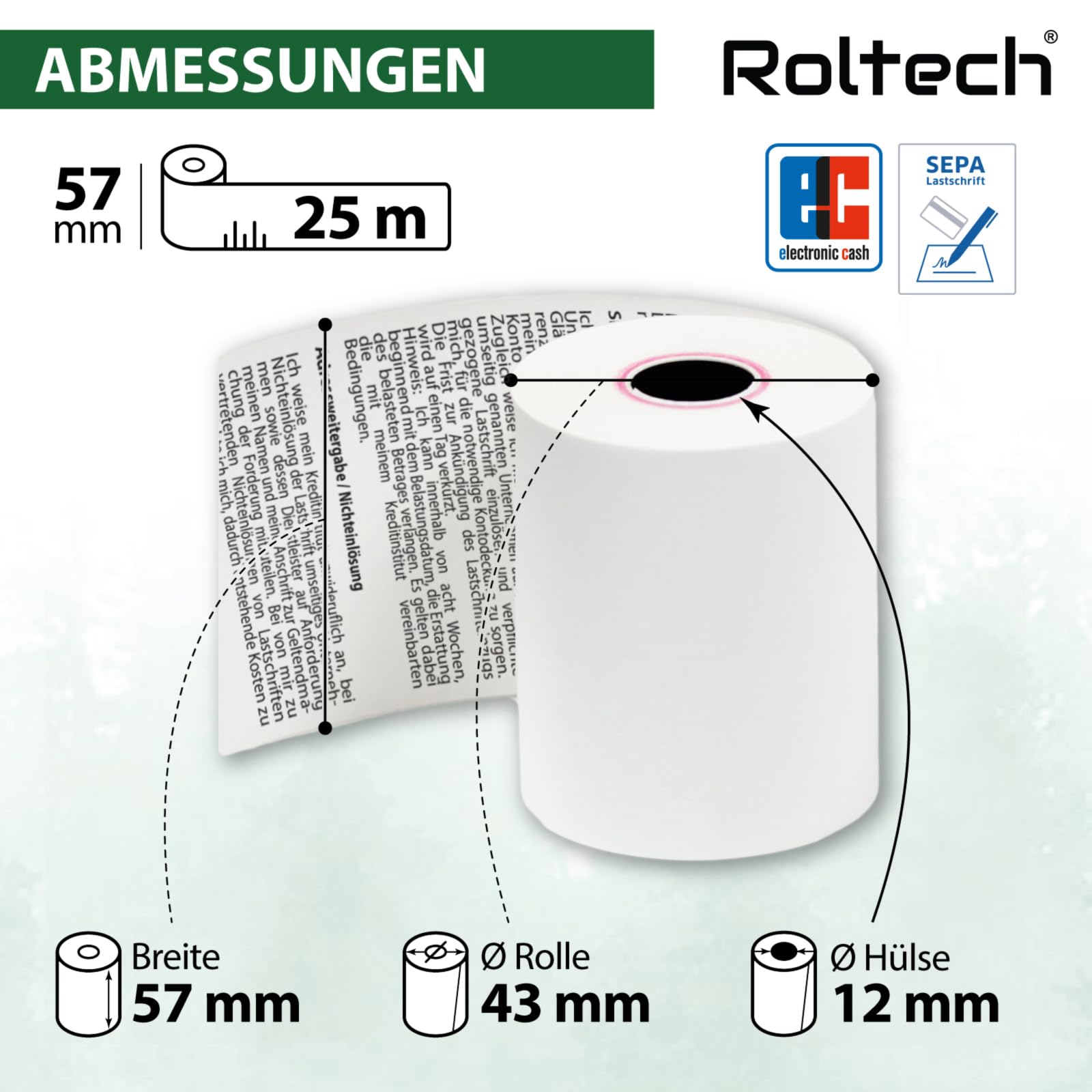 50 Thermorollen | 57mm x 25m x 12mm | mit SEPA-Lastschrifttext | BPA frei | EC Cash | Kassenrollen | Thermopapier | Bonrollen | Premium Qualität (50 Rollen)