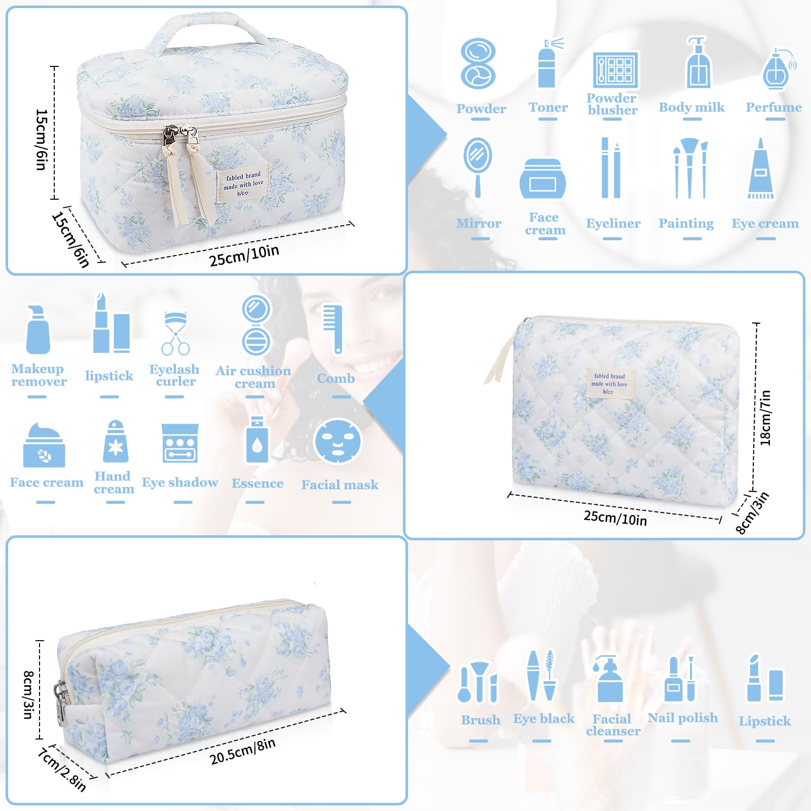 Gosect Quilted Cotton Makeup Bag Set, 3-Piece Travel Organizer