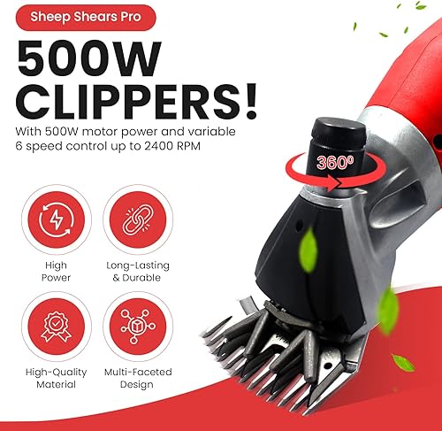 Miniatura 2 de Cortadora eléctrica profesional de 110 V 500 W con 6 velocidades, 2 cuchillas, afeitado de lana de piel en ovejas, cabras, ganado, mascota de ganado