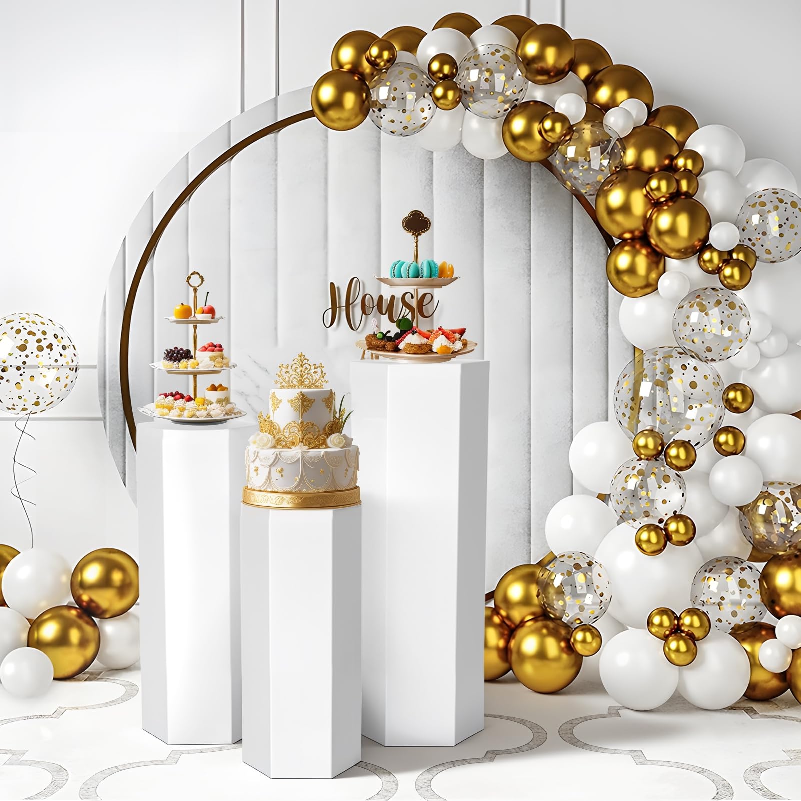 Stand de piédestal Hexagonal, Ensemble 3 étalages en Fer pour Un Cadeau gâteau, réutilisable Le décor d'événements d'anniversaire Douche bébé, piliers Mariage la fête Blanc