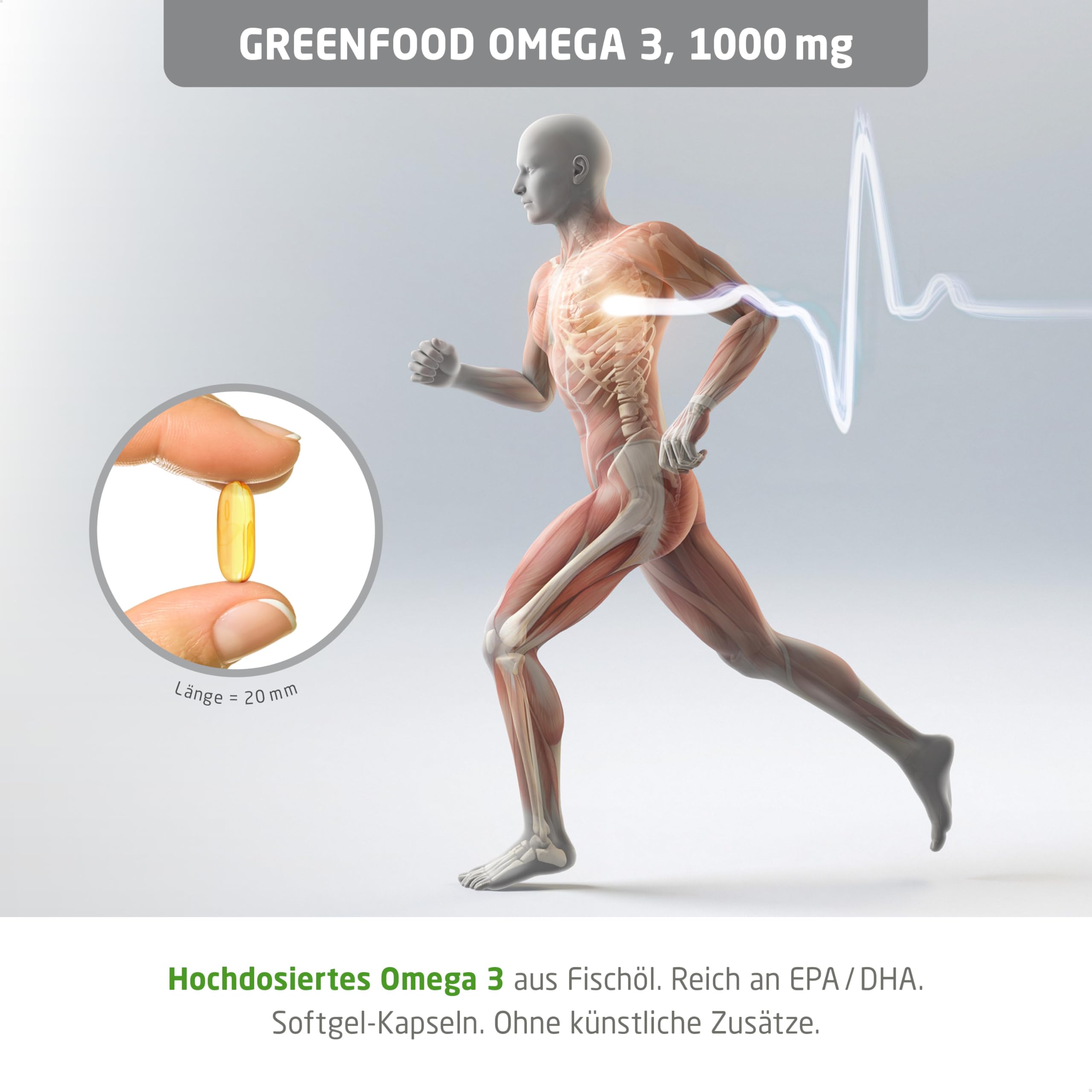 Omega 3 Fischöl, 1000 mg, extra hochdosiert, 240 Softgels - reich an EPA/DHA. Gut für Herz (EPA/DHA), Sehkraft (DHA), und Gehirnfunktion (DHA). OHNE künstliche Zusätze. Softgel-Kapseln.