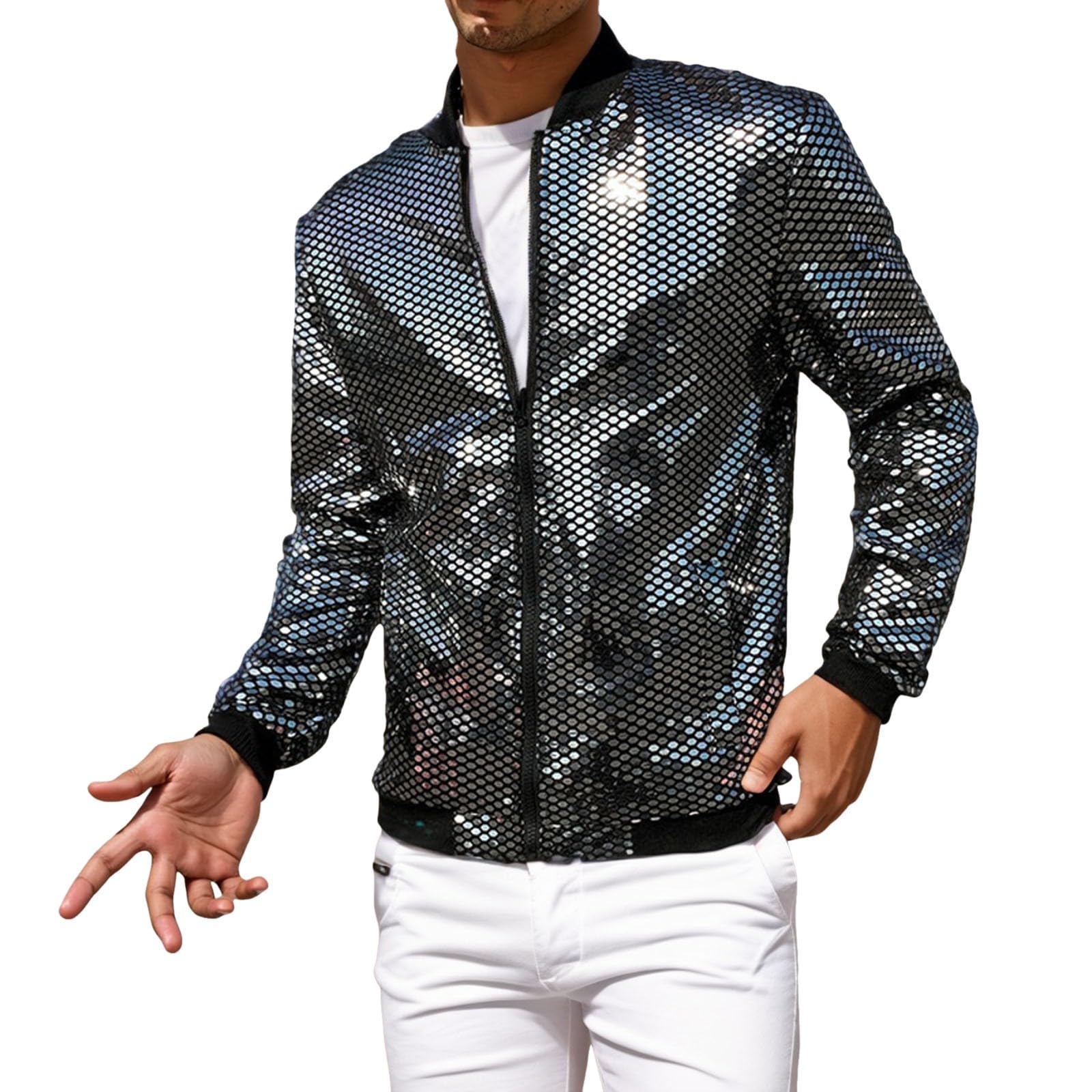Generisch Giubbotto bomber da uomo con paillette, giacca da aviatore 70s, abbigliamento da discoteca, colletto alto, con chiusura lampo, per le mezze stagioni, per clubwear