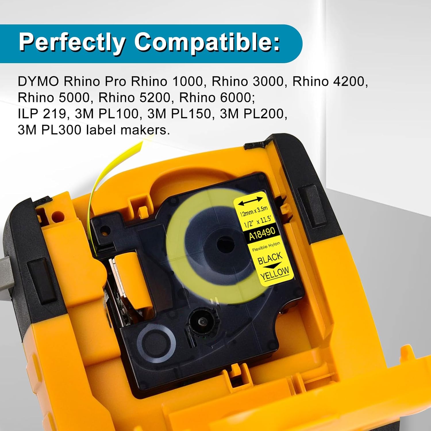 5 Pack Compatible for Dymo Rhino Pro IND Flexible Nylon Label Tape 18490 1/2" 12mm Black on Yellow Label for Rhino and 3M Label Maker Tape