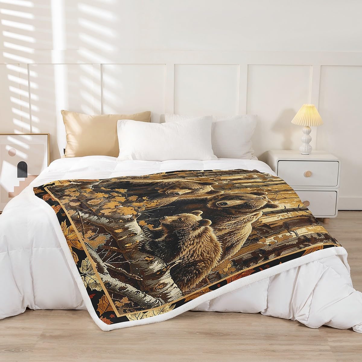 Bear Family Bed Blanket Kids Girls Wild Animals Sherpa Blanket Soft Cozy Lightweight 3D Bear Print Plush Fleece Fallen Leaves Blanket Gifts for Bed Chair Office Sofa(Throw 50"x60")