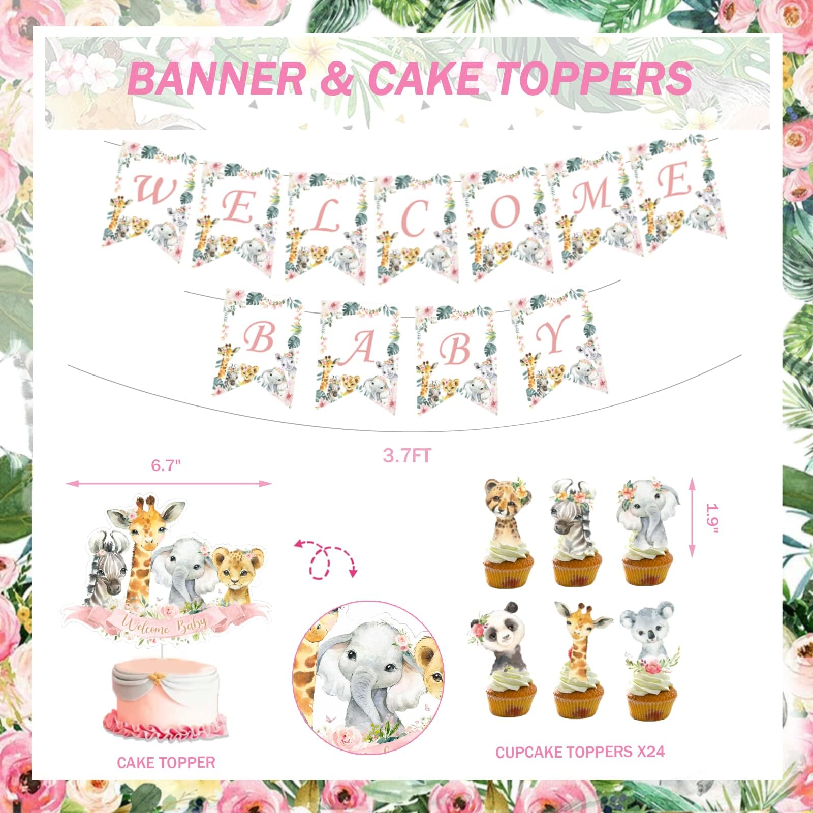 Hand Painted Mexican Ceramic Tiles For Decoration Jungle Safari Baby Shower Banner - Animal Theme Decorations With Deer, Elephants, Zebras Birthday Banner