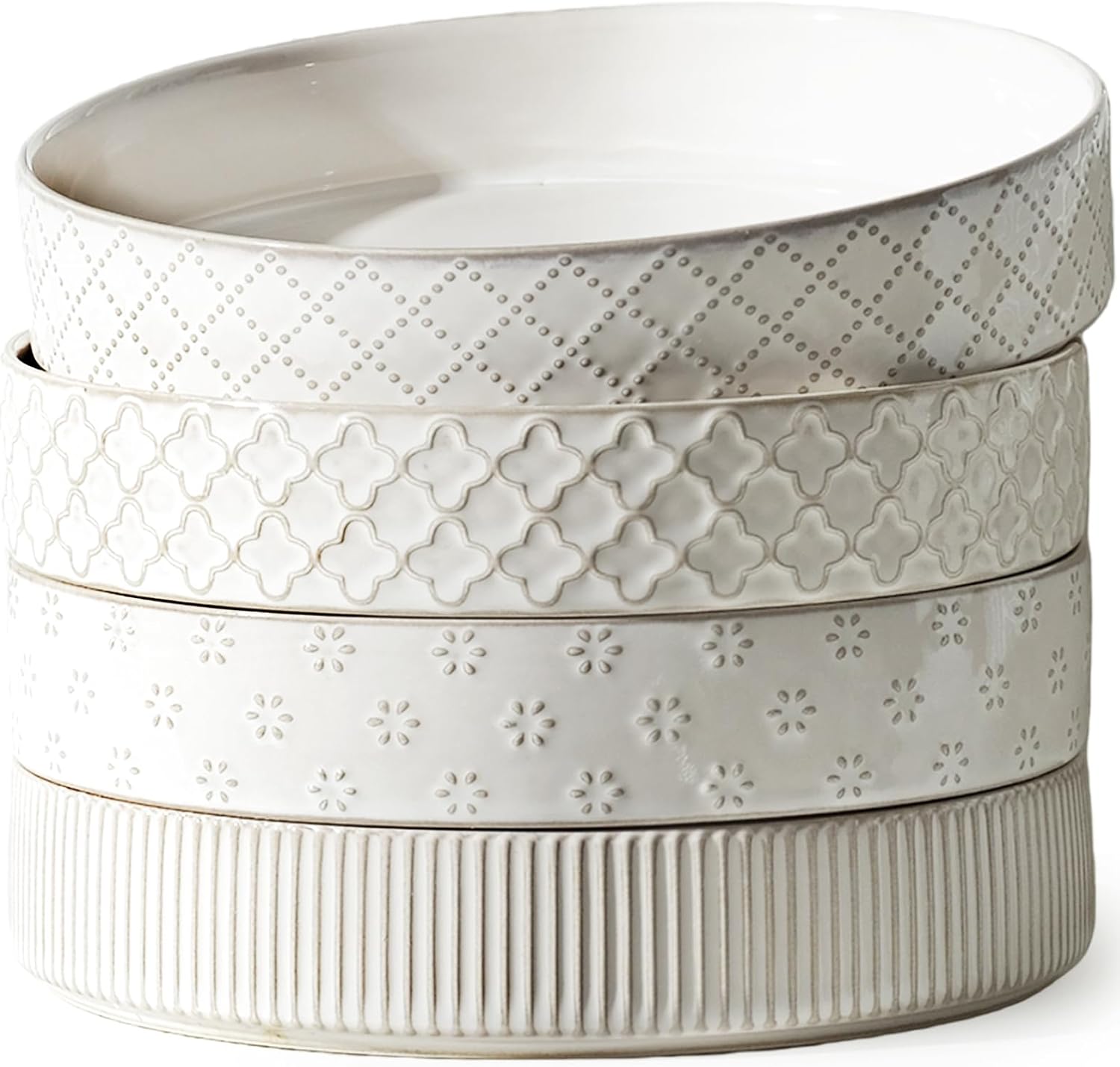 getstar 7.5" Ceramic Pasta Bowls Set of 4, Deep Stoneware Salad Plates Pasta Plates Shallow Bowls for Serving Soup Dinner, Microwave & Dishwasher Safe, Textured Stripes & Speckled White