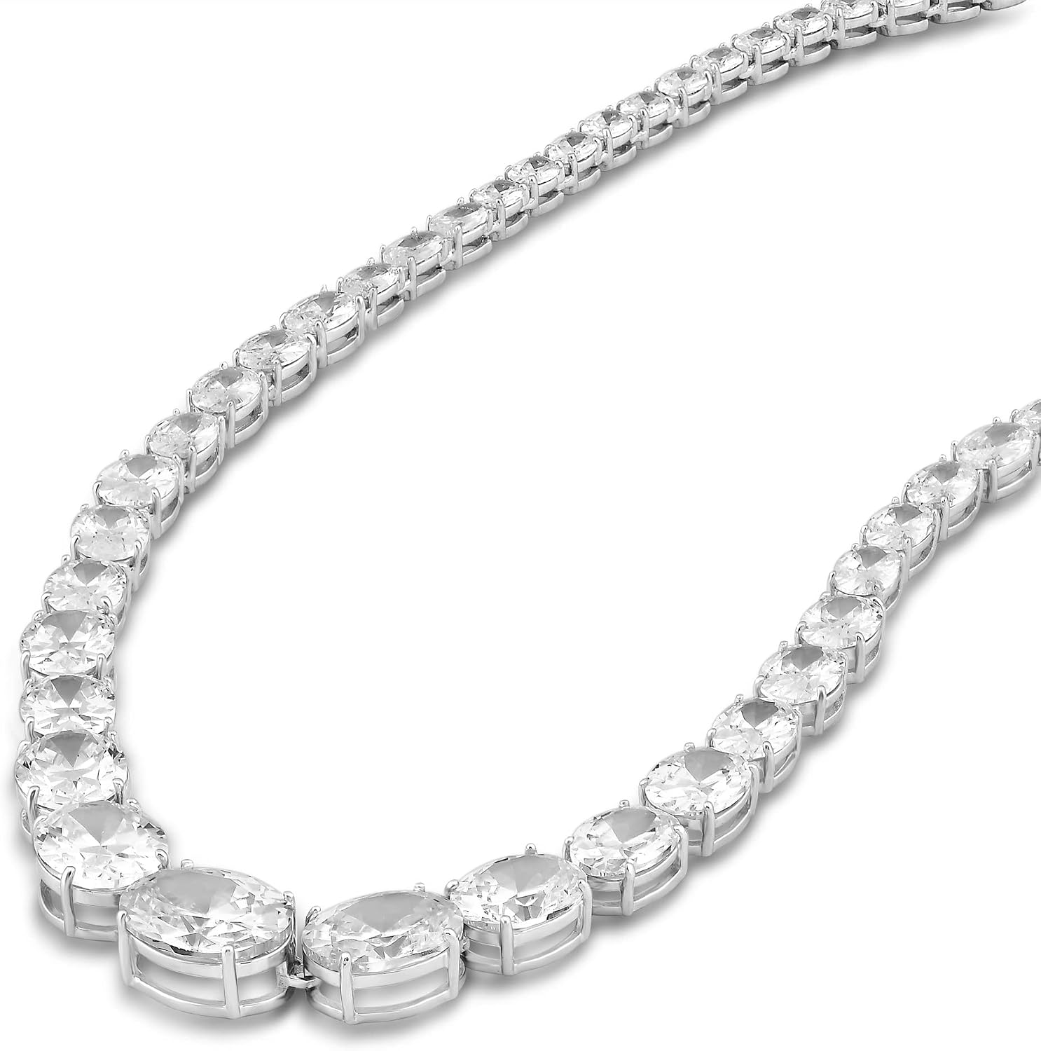 Jewelili Sterling Silver Oval Cubic Zirconia Classic Tennis Necklace 16 Inches