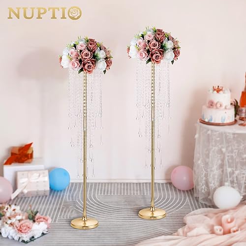Miniatura 7 de NUPTIO Centros de mesa de boda Jarrones dorados 2 piezas de 39.4 pulgadas de alto jarrón de flores de cristal soporte de flores de metal para