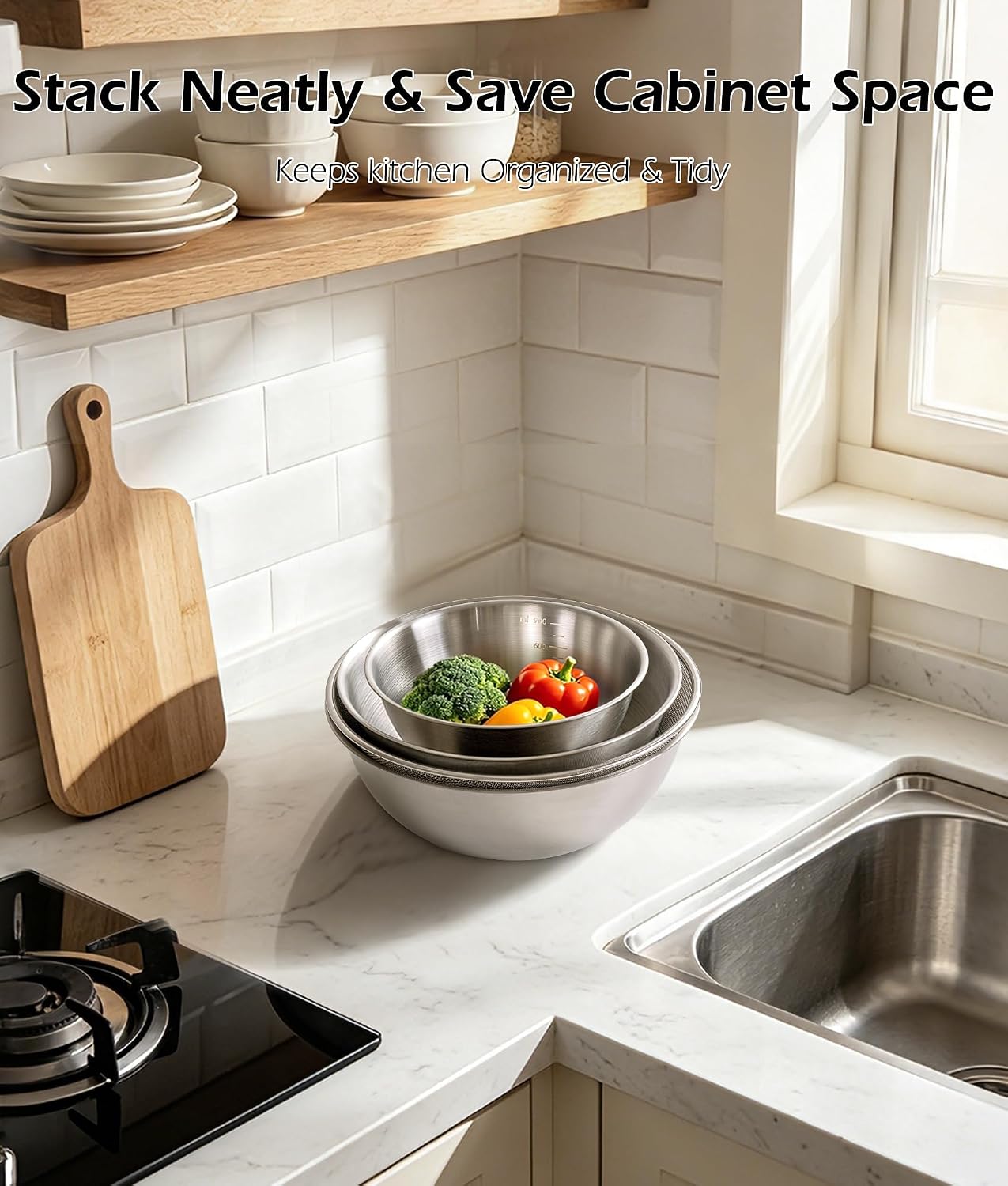 Stainless Steel Mixing Bowls Set of 4 with Colander, Nesting Metal Kitchen Bowls with Measurement Marks for Mixing, Prep, Salad & Baking, Dishwasher Safe