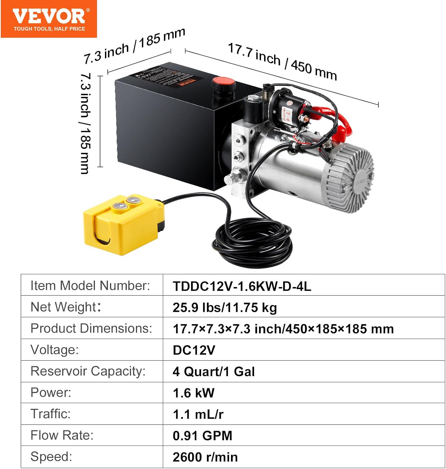 Product dimensions and specifications table for VEVOR Hydraulic Pump