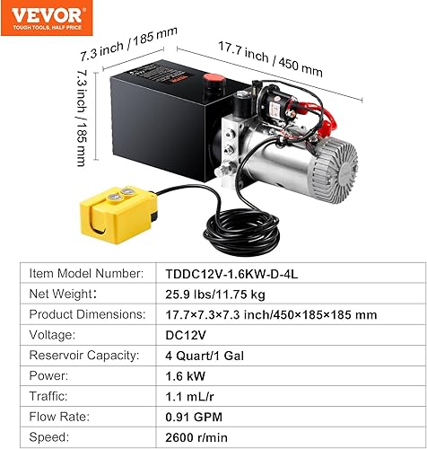 Miniatura 7 de VEVOR Bomba hidráulica, unidad de potencia hidráulica de 4 cuartos, bomba de remolque de descarga de acción única, tasa de flujo de 0.91 GPM