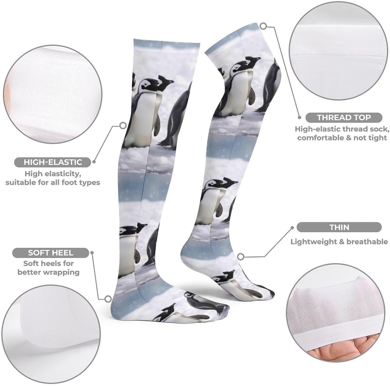 Penguins With Snow Knee High Stockings for Women 23.6" Breathable Thigh High Stockings Over The Knee Socks