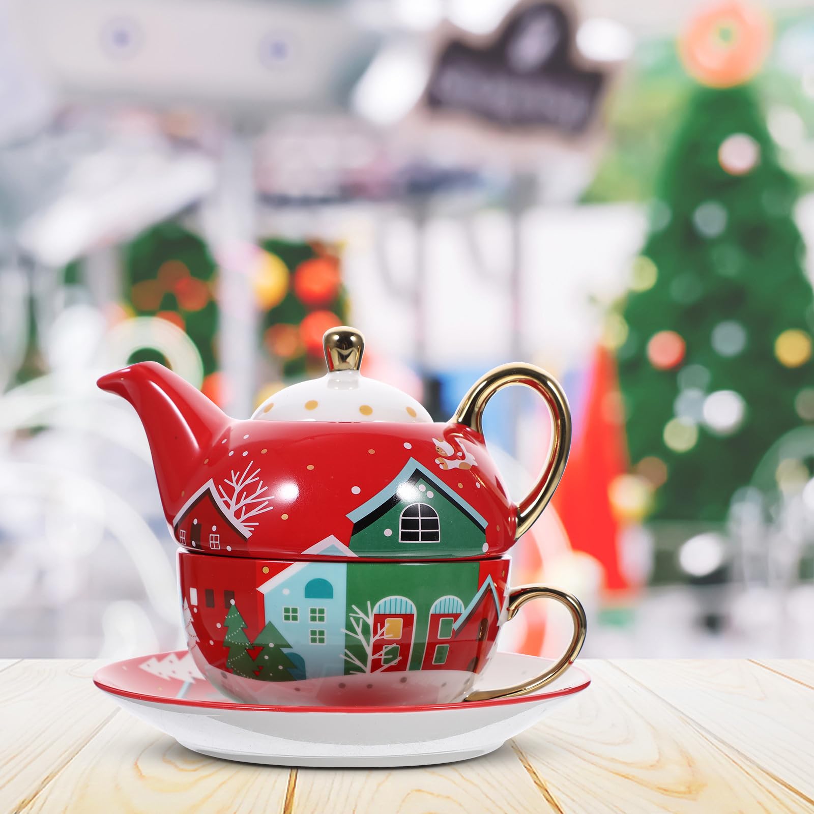 Hemobllo Juego de Té Navideño de Cerámica Tetera, Taza y Plato