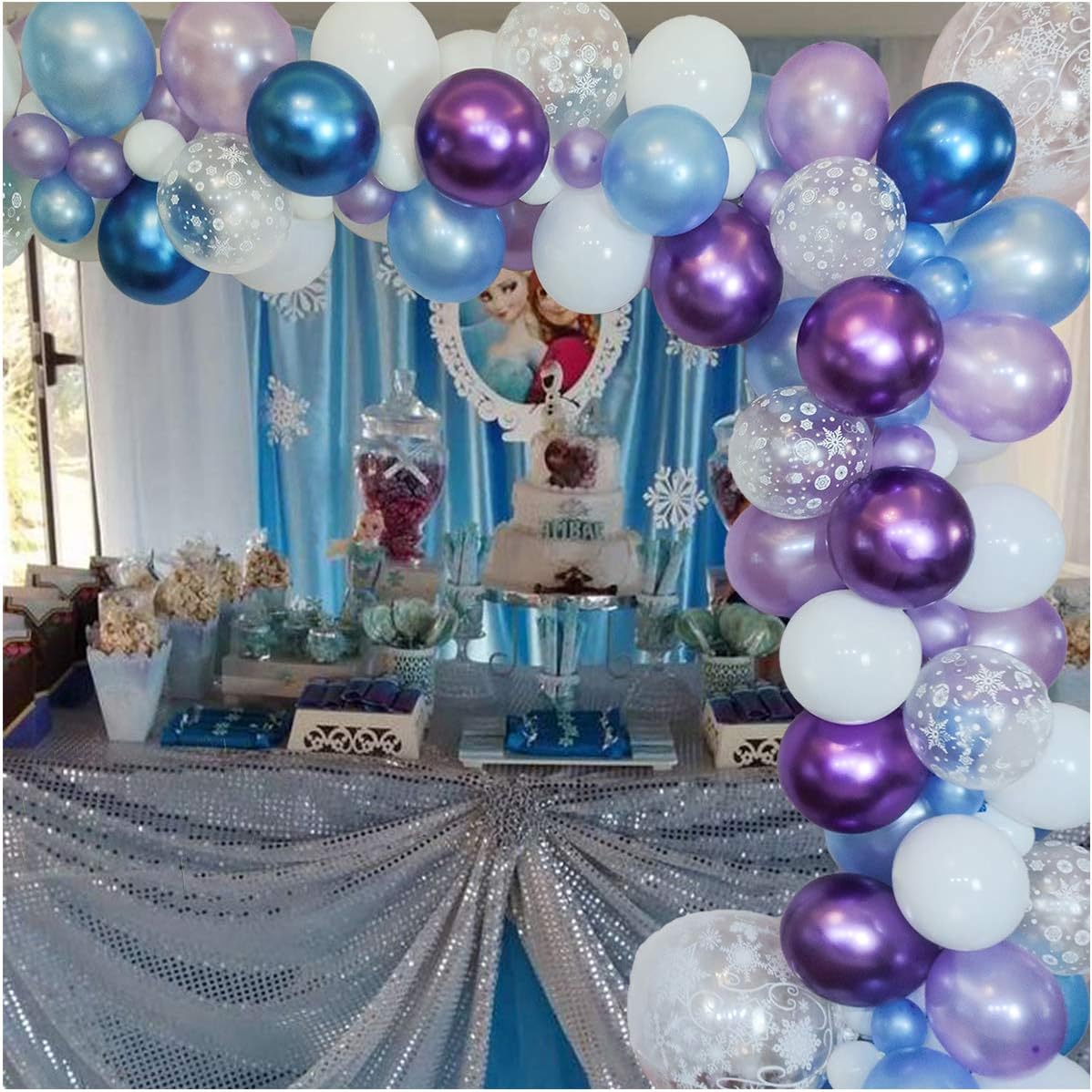 Luvier Snowflake Purple And Blue Latex Balloon Garland Arch Kit With Strip/102pcs Large to Small Party Balloons For Frozen/Ice Princess Party Decoration