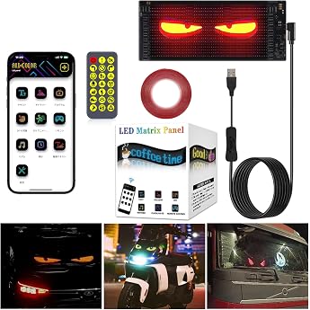 Small Car Devil Eye Lights LED Freely Editable with Images Multi-Language Easy Operation Text/Picture Display Remote Control Double-Sided Tape Soft LED Display for Car, Truck Windows 6.8 x 2.8 inches