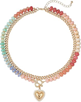 Layered Necklaces for Women Dopamine Colorful Acrylic Beaded Choker with 14K Gold Plated Heart Pendant, Cute Summer Beach Boho Necklace Trendy Jewelry, AntiTangle Single Clasp Design for Women