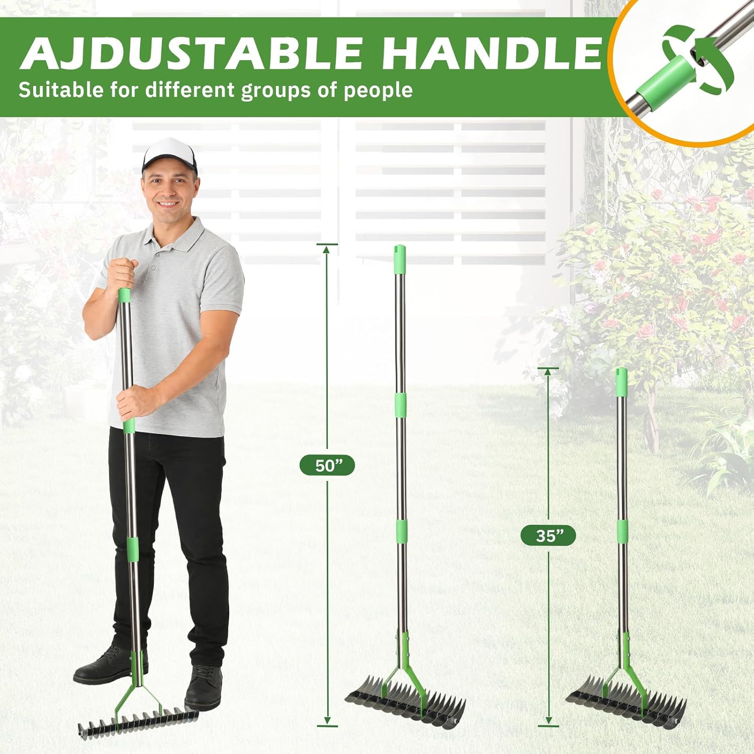 Dual-Action Dethatcher Rake - 21-Tine, Adjustable Long-Handle Landscaping Rake with 55", Heavy Duty Thatch Rake,Turf Rake for Artificial Grass, Metal Rake for Spring Lawn Care, Soil Aeration