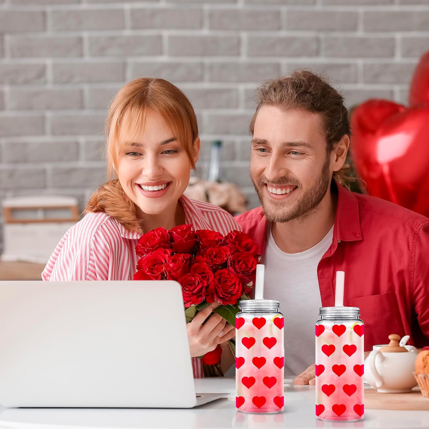 Whaline 20Pcs Valentine's Day Plastic Cups with Lids and Straws Clear Party Drinking Cups Red Heart Reusable Tumblers for Holiday Party Supplies