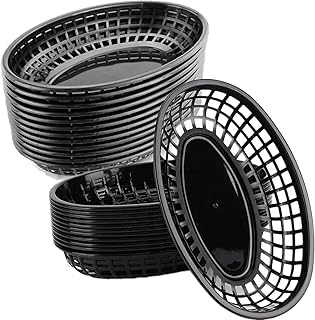 50 Pack Oval Fast Food Baskets, Reusable Black Bread Basket, Plastic Deli Chip Baskets, 8.9"L x 5.3"W Food Service Tray Holder for Burgers, Fries, Snacks, Sandwiches, Burgers, Nachos, Picnic