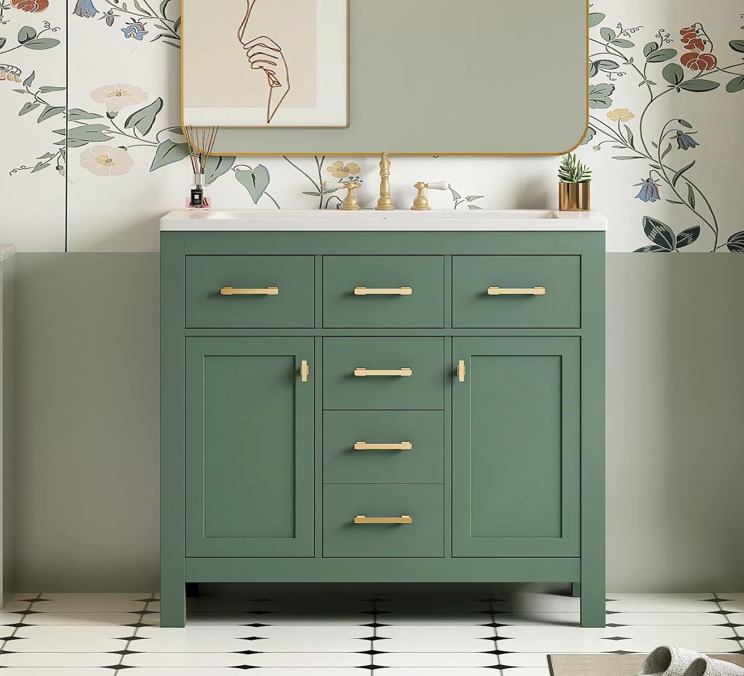 Virubi 36" Bathroom Vanities with Single Sink Set, Bathroom Storage Cabinet with 4 Drawers and 2 Soft Closing Doors, Solid Wood Frame Bathroom Sink Vanities